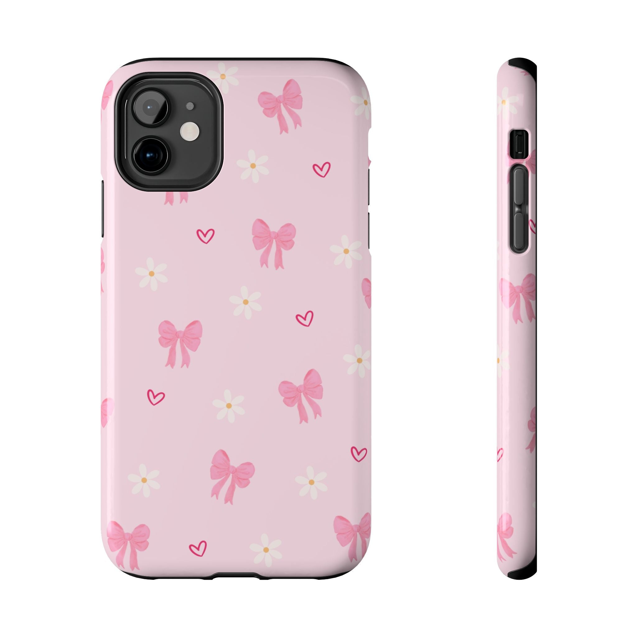 Pink Bow & Daisy Tough Phone Case — Cute Floral Heart Pattern Protective Phone Cover