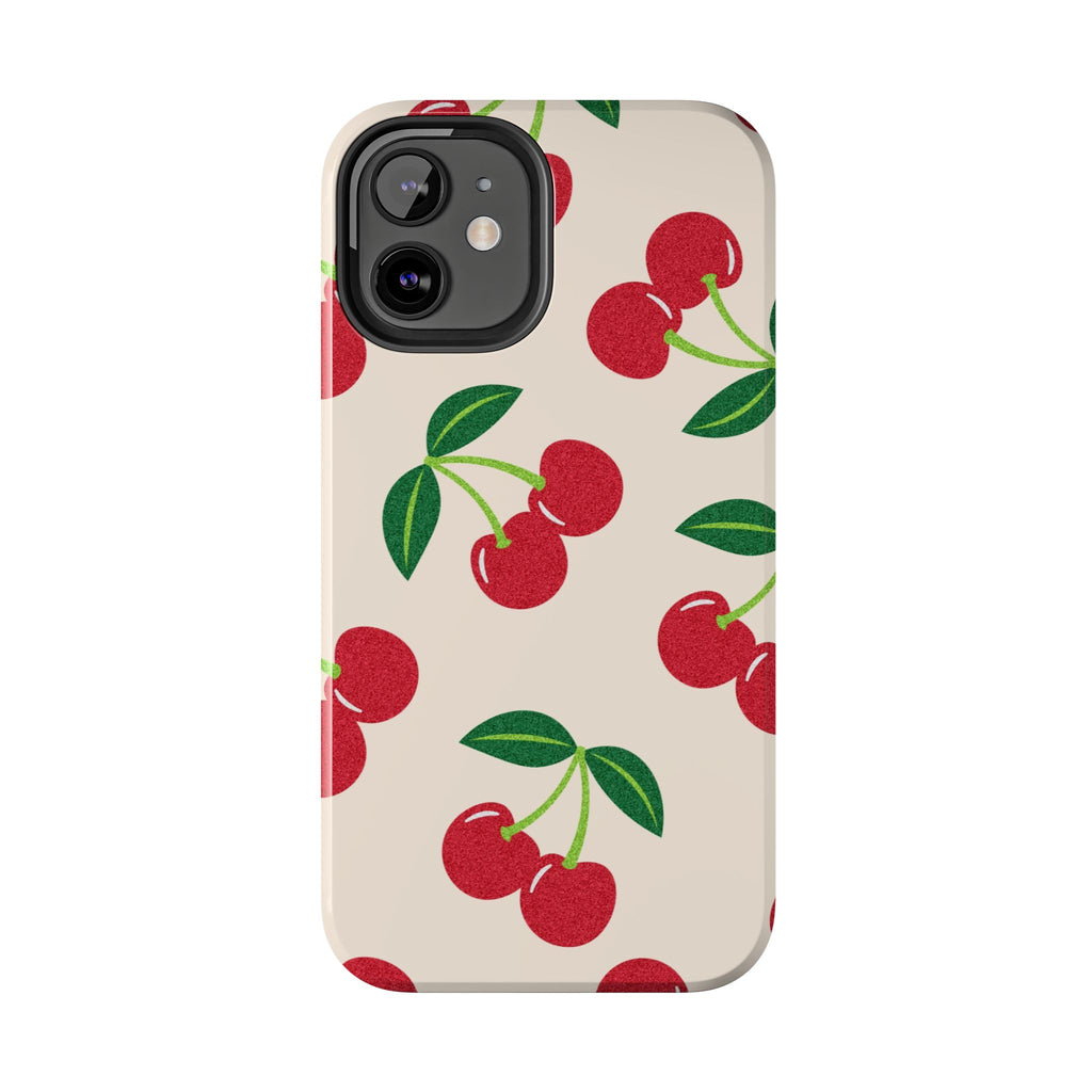 Cherry Pattern Tough Phone Case — Retro Red Cherries on Cream Protective Cover