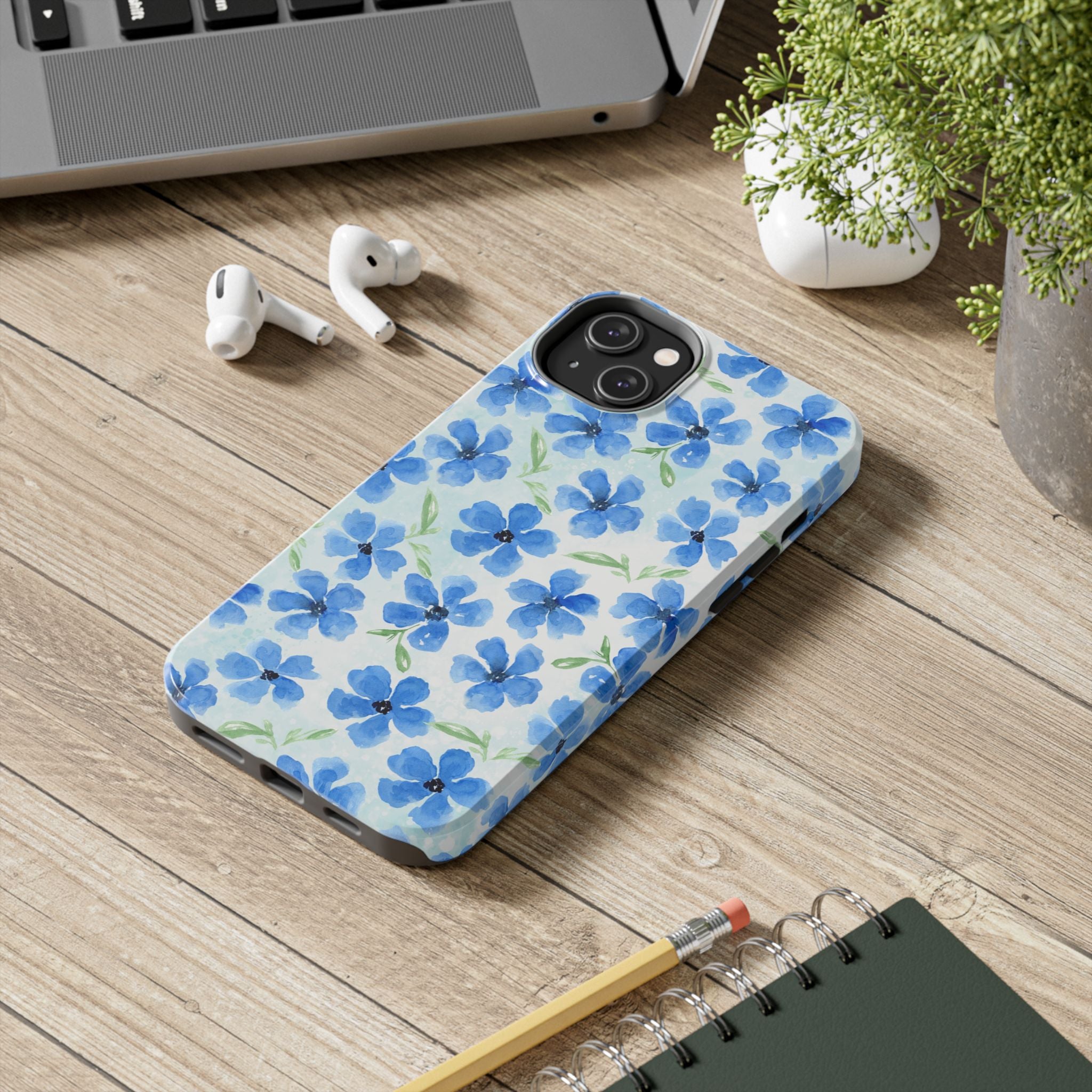 Blue Watercolor Floral Tough Phone Case — Durable Floral Phone Cover
