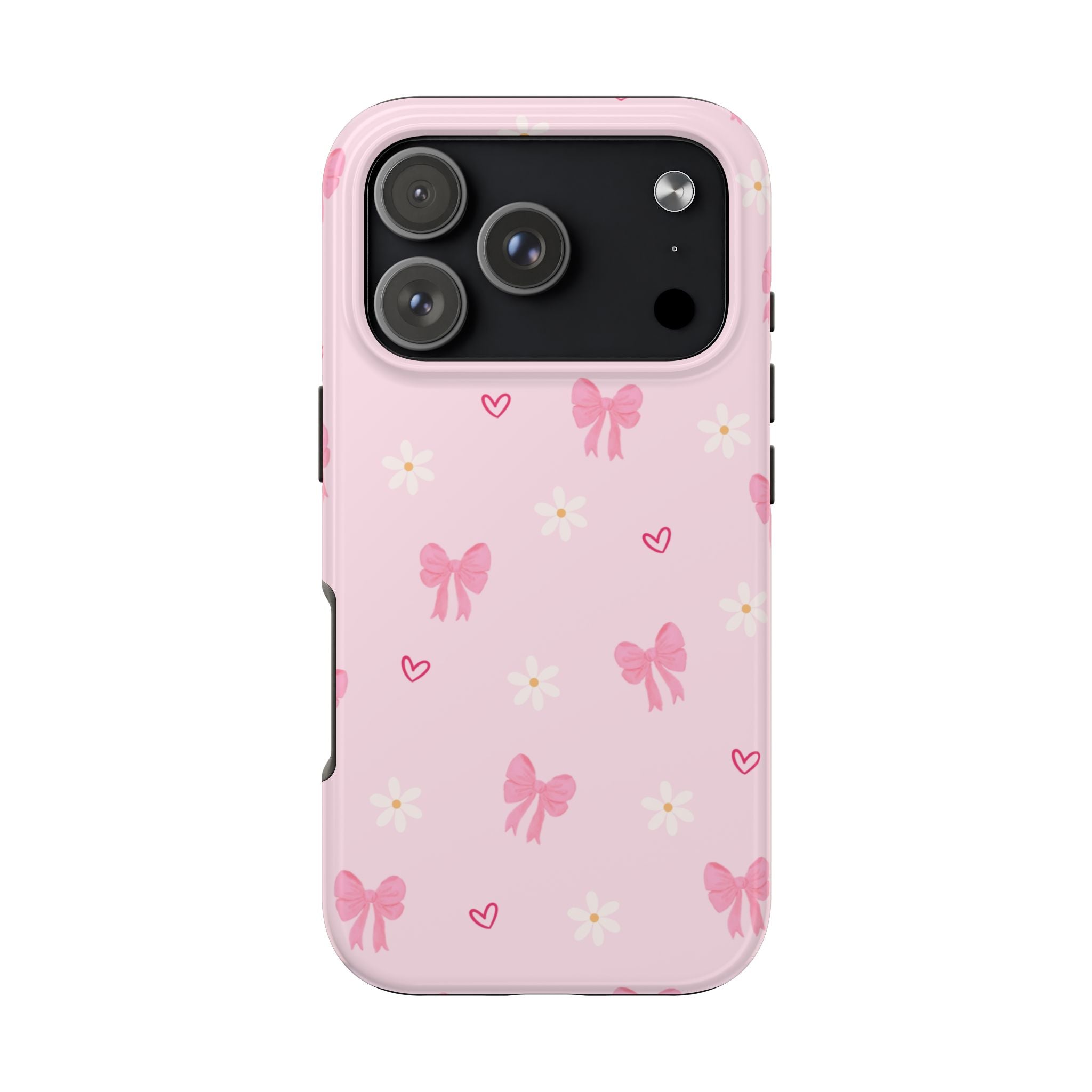 Pink Bow & Daisy Tough Phone Case — Cute Floral Heart Pattern Protective Phone Cover