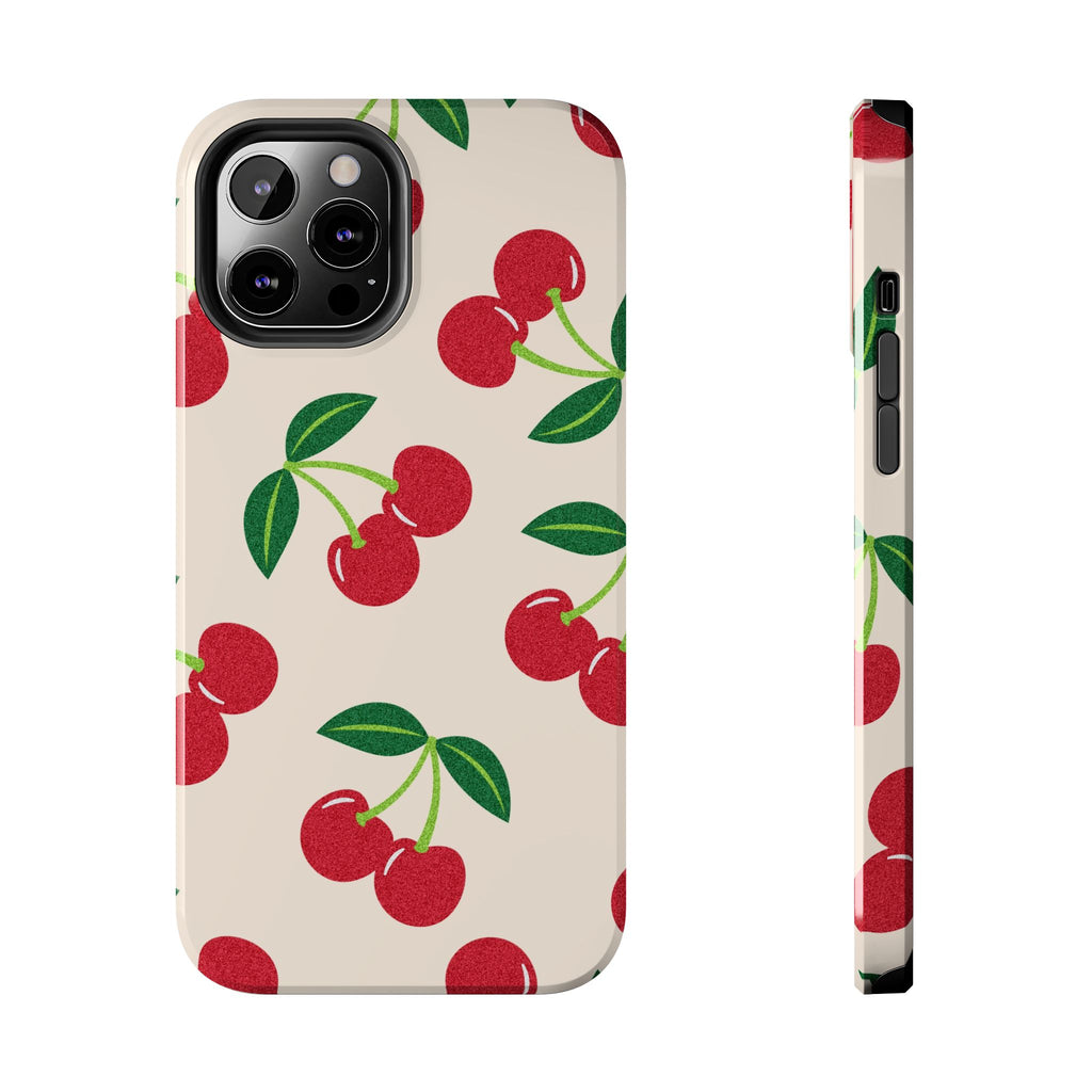 Cherry Pattern Tough Phone Case — Retro Red Cherries on Cream Protective Cover