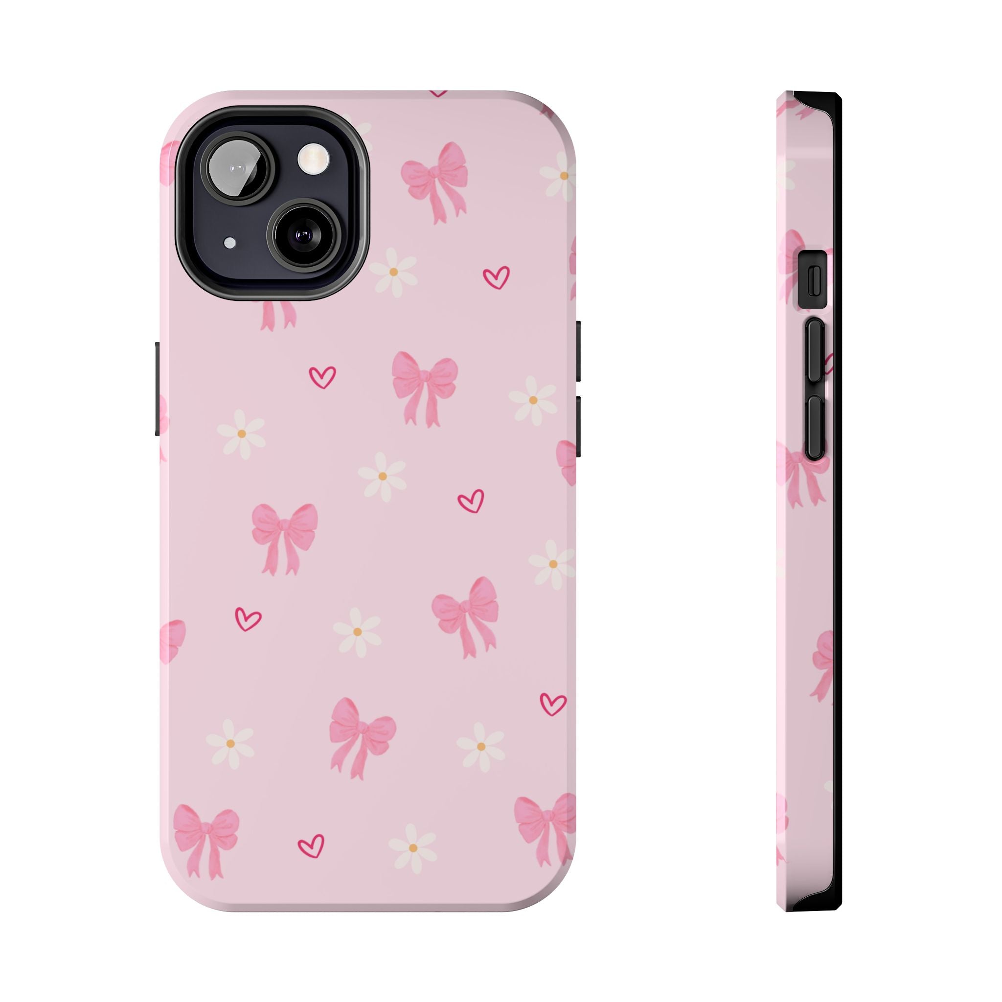 Pink Bow & Daisy Tough Phone Case — Cute Floral Heart Pattern Protective Phone Cover