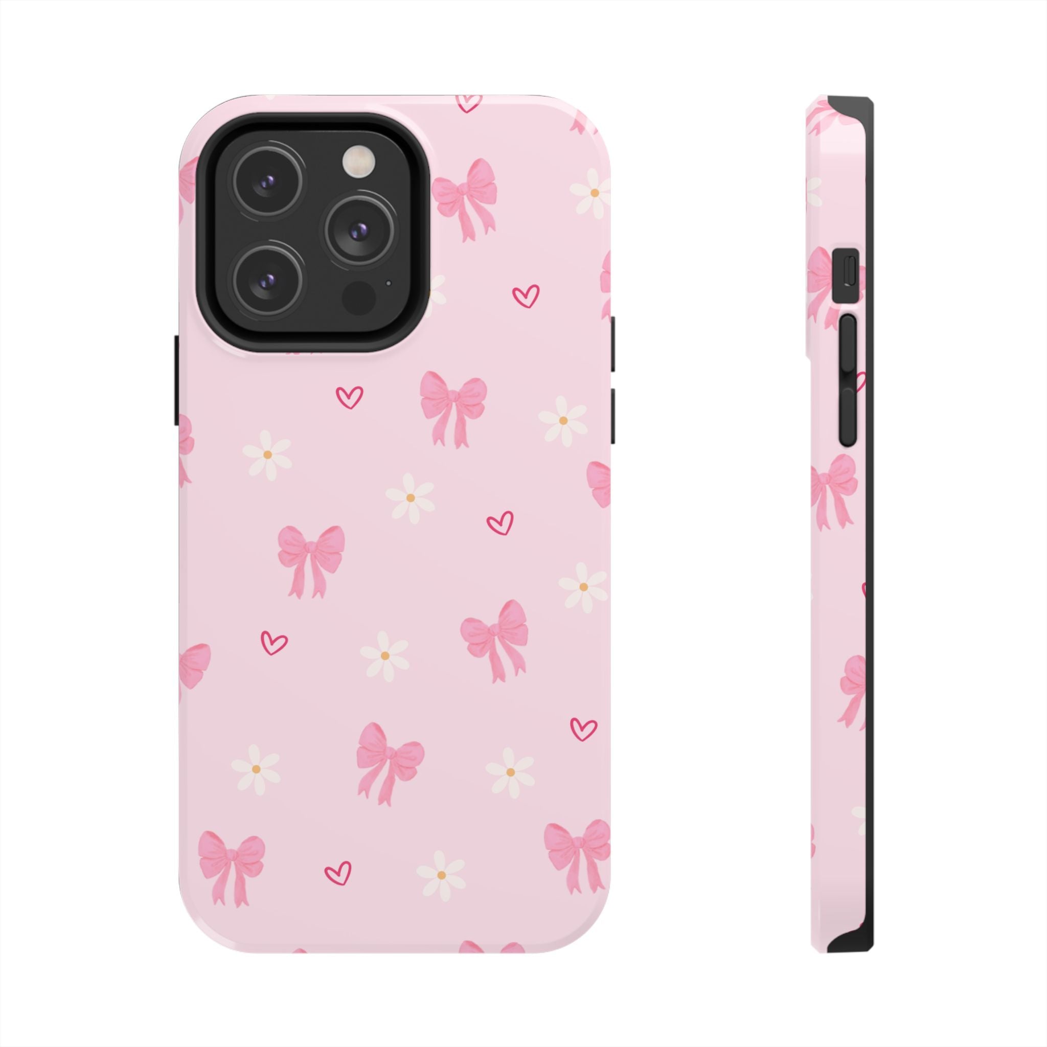 Pink Bow & Daisy Tough Phone Case — Cute Floral Heart Pattern Protective Phone Cover