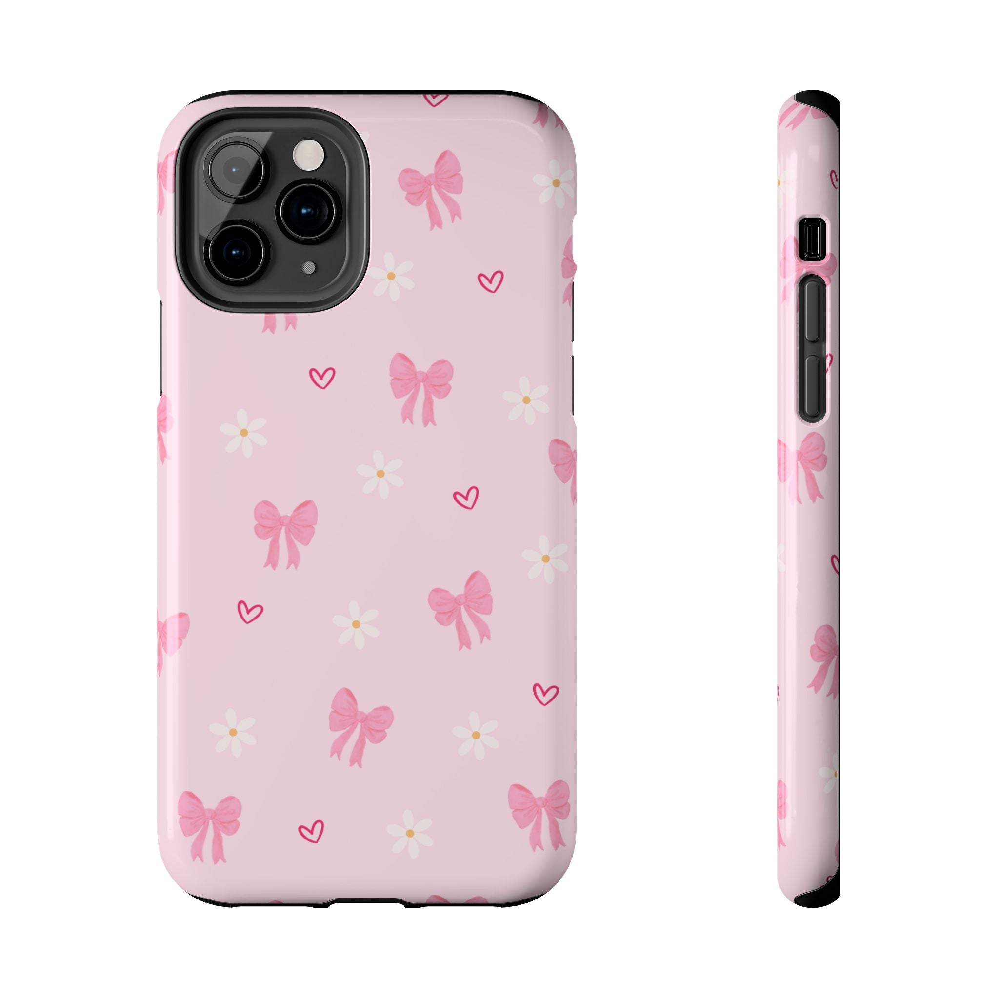 Pink Bow & Daisy Tough Phone Case — Cute Floral Heart Pattern Protective Phone Cover