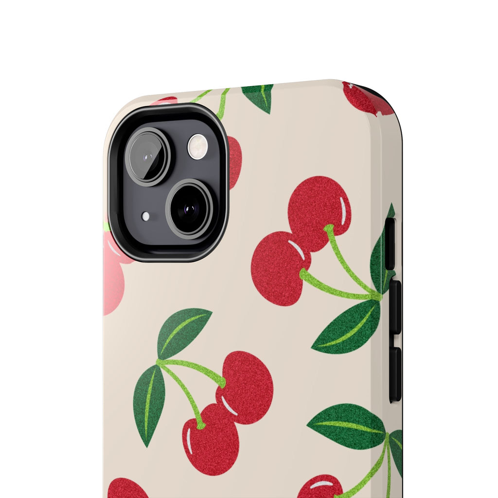 Cherry Pattern Tough Phone Case — Retro Red Cherries on Cream Protective Cover