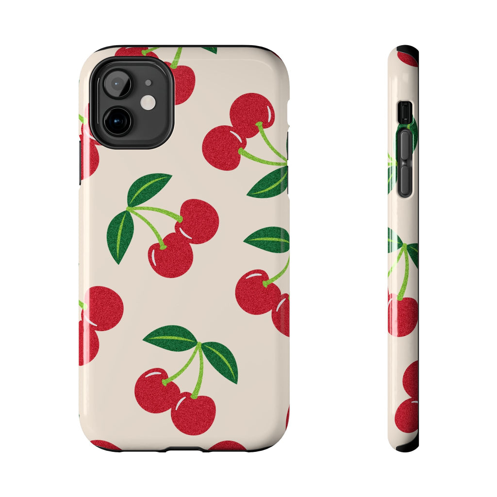 Cherry Pattern Tough Phone Case — Retro Red Cherries on Cream Protective Cover
