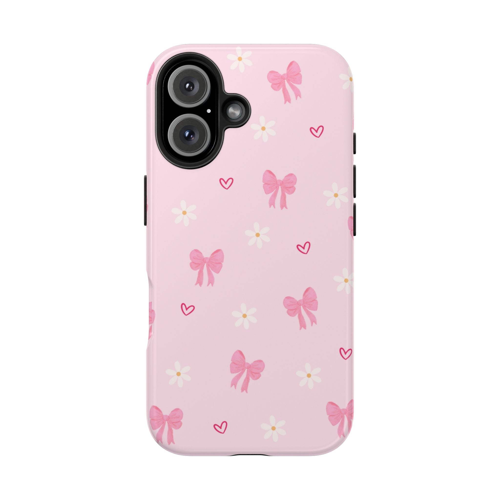 Pink Bow & Daisy Tough Phone Case — Cute Floral Heart Pattern Protective Phone Cover