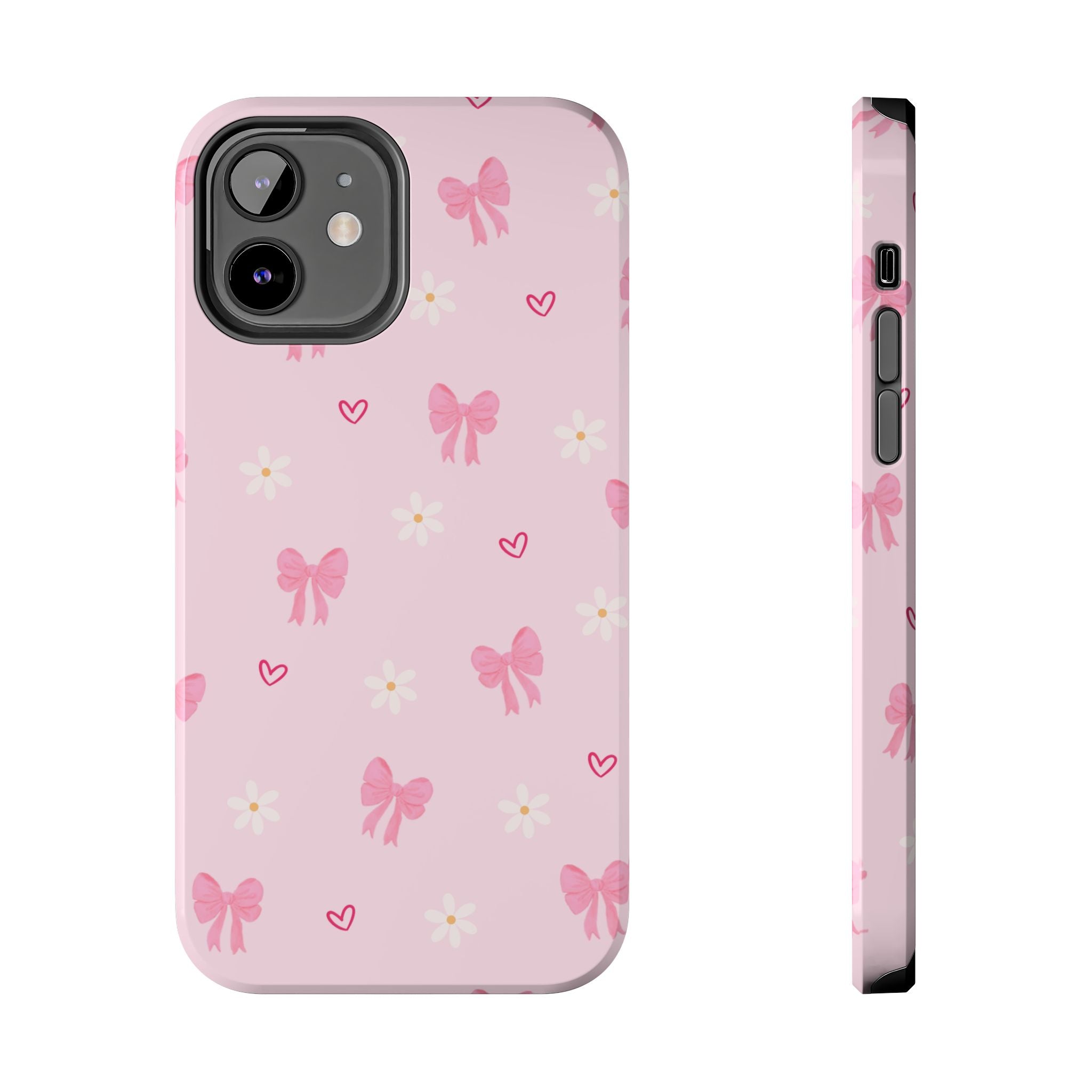 Pink Bow & Daisy Tough Phone Case — Cute Floral Heart Pattern Protective Phone Cover