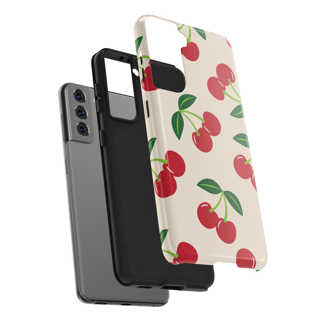 Cherry Pattern Tough Phone Case — Retro Red Cherries on Cream Protective Cover