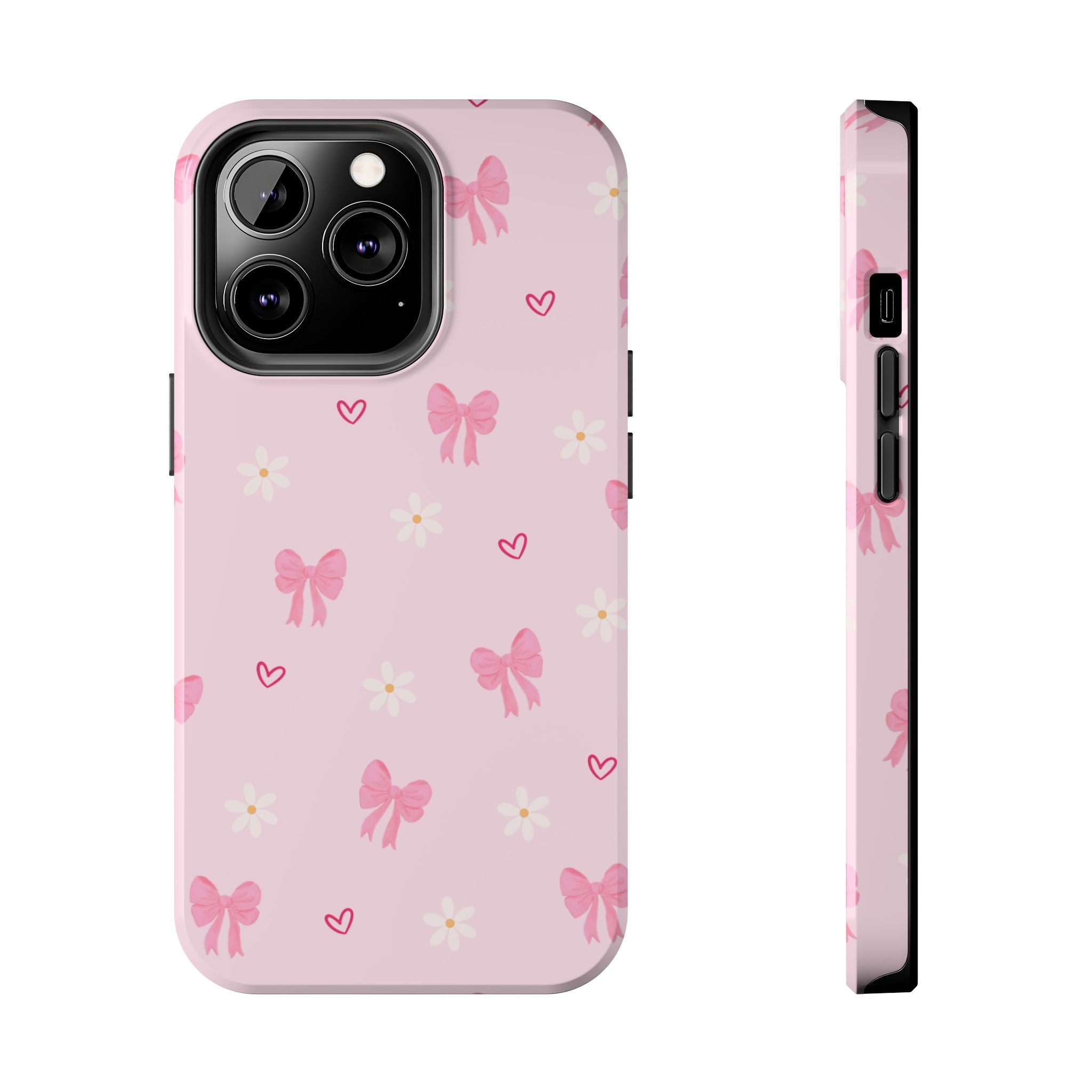 Pink Bow & Daisy Tough Phone Case — Cute Floral Heart Pattern Protective Phone Cover