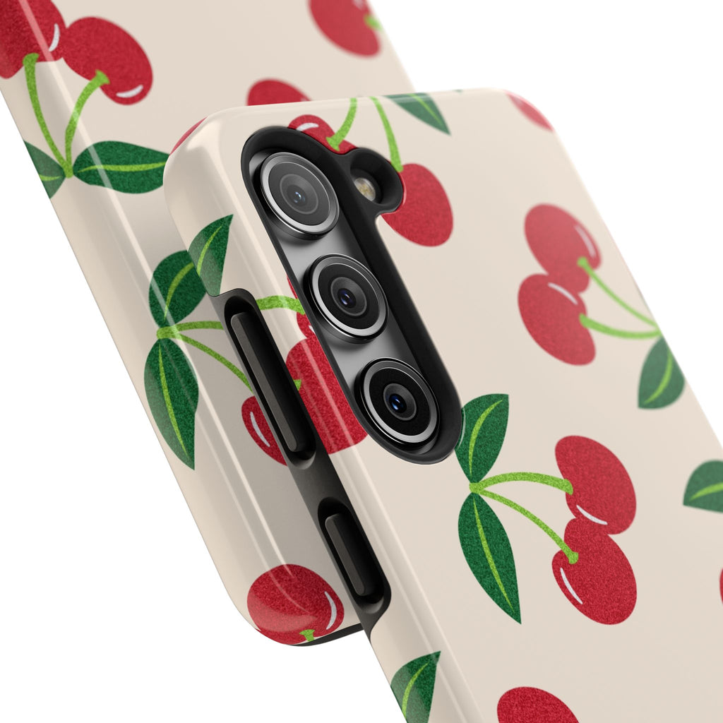 Cherry Pattern Tough Phone Case — Retro Red Cherries on Cream Protective Cover