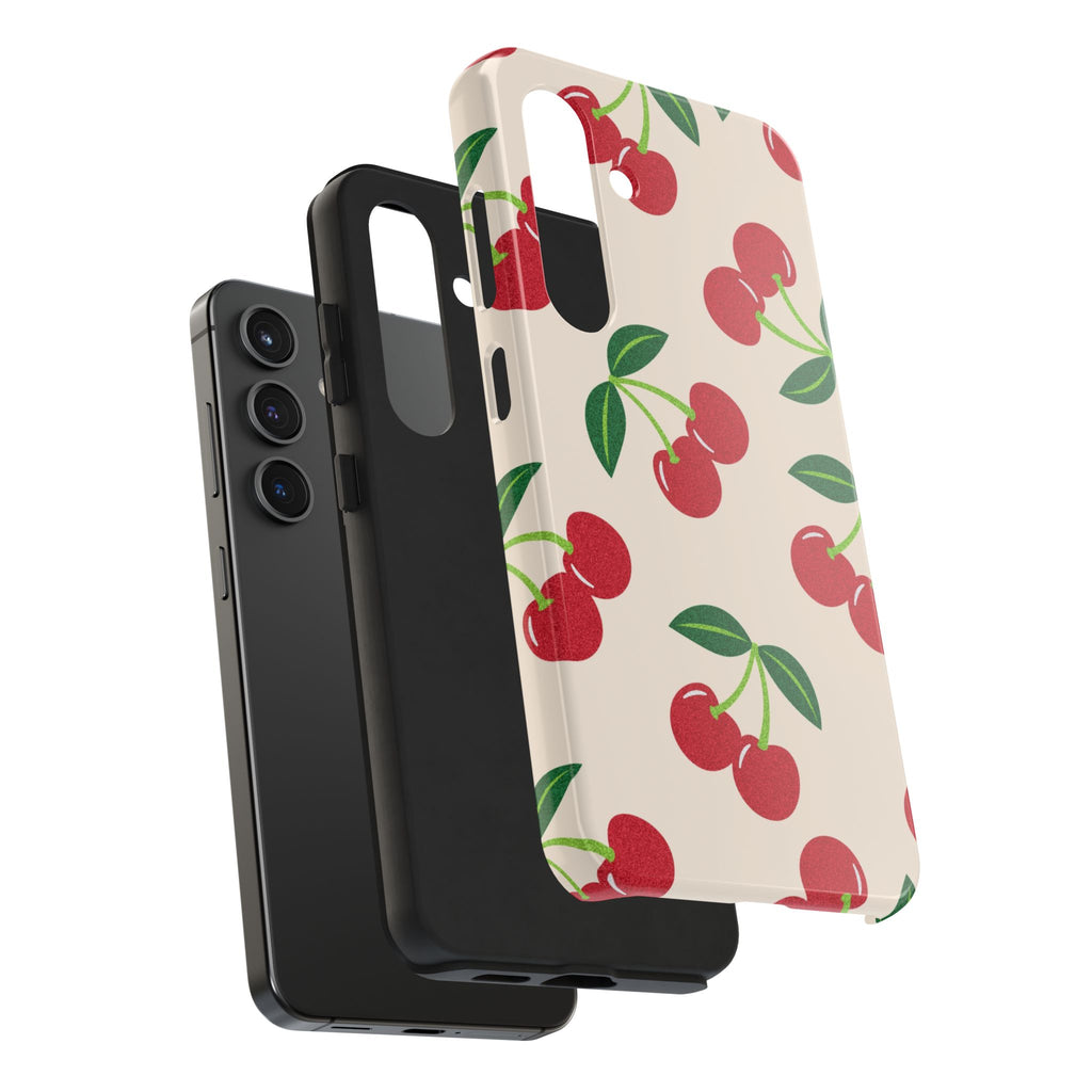 Cherry Pattern Tough Phone Case — Retro Red Cherries on Cream Protective Cover
