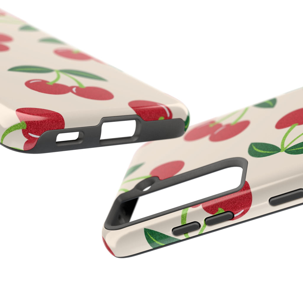 Cherry Pattern Tough Phone Case — Retro Red Cherries on Cream Protective Cover