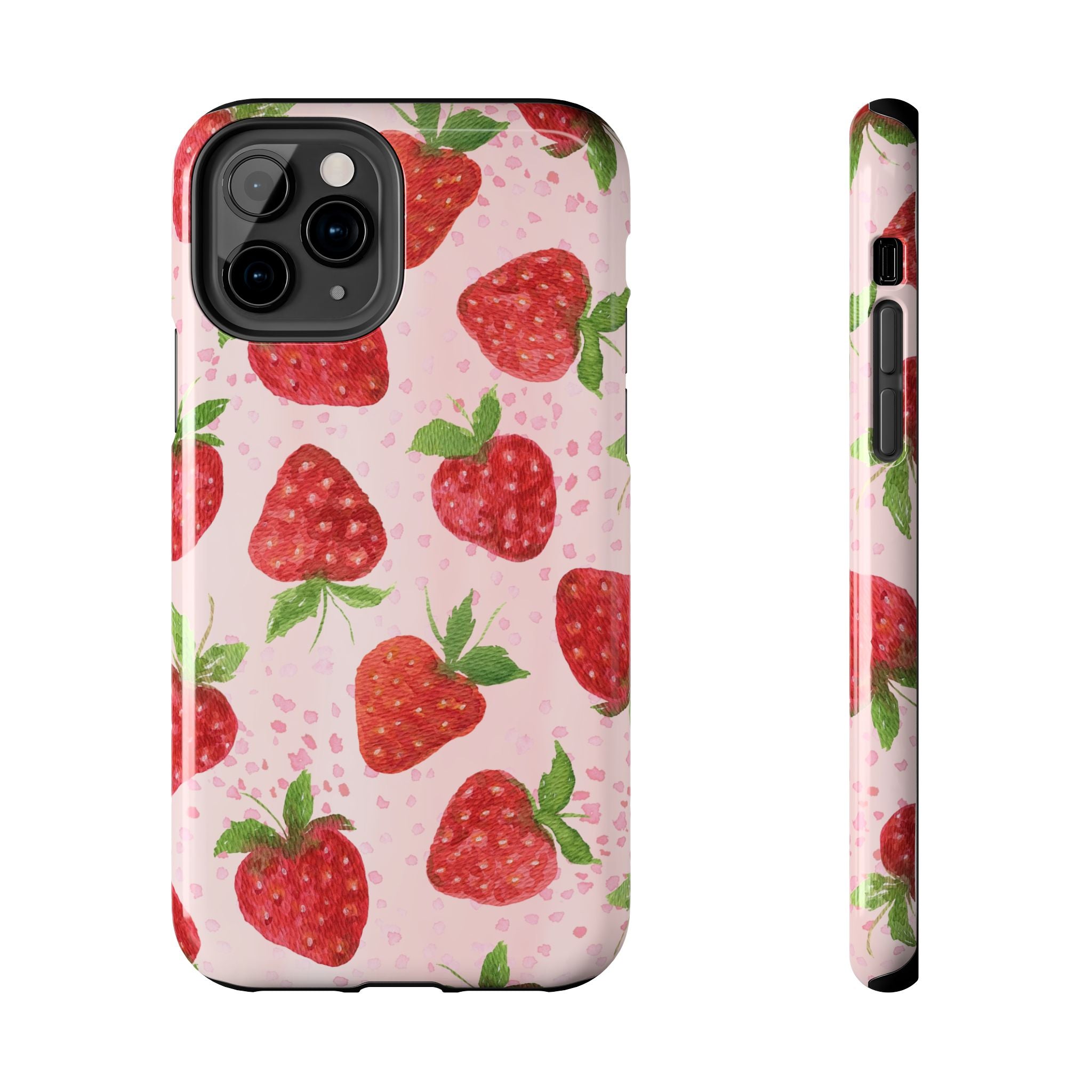 Strawberry Pattern Tough Phone Case — Pink Cute Fruit Protective Cover