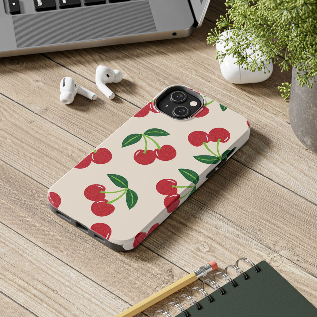 Cherry Pattern Tough Phone Case — Retro Red Cherries on Cream Protective Cover