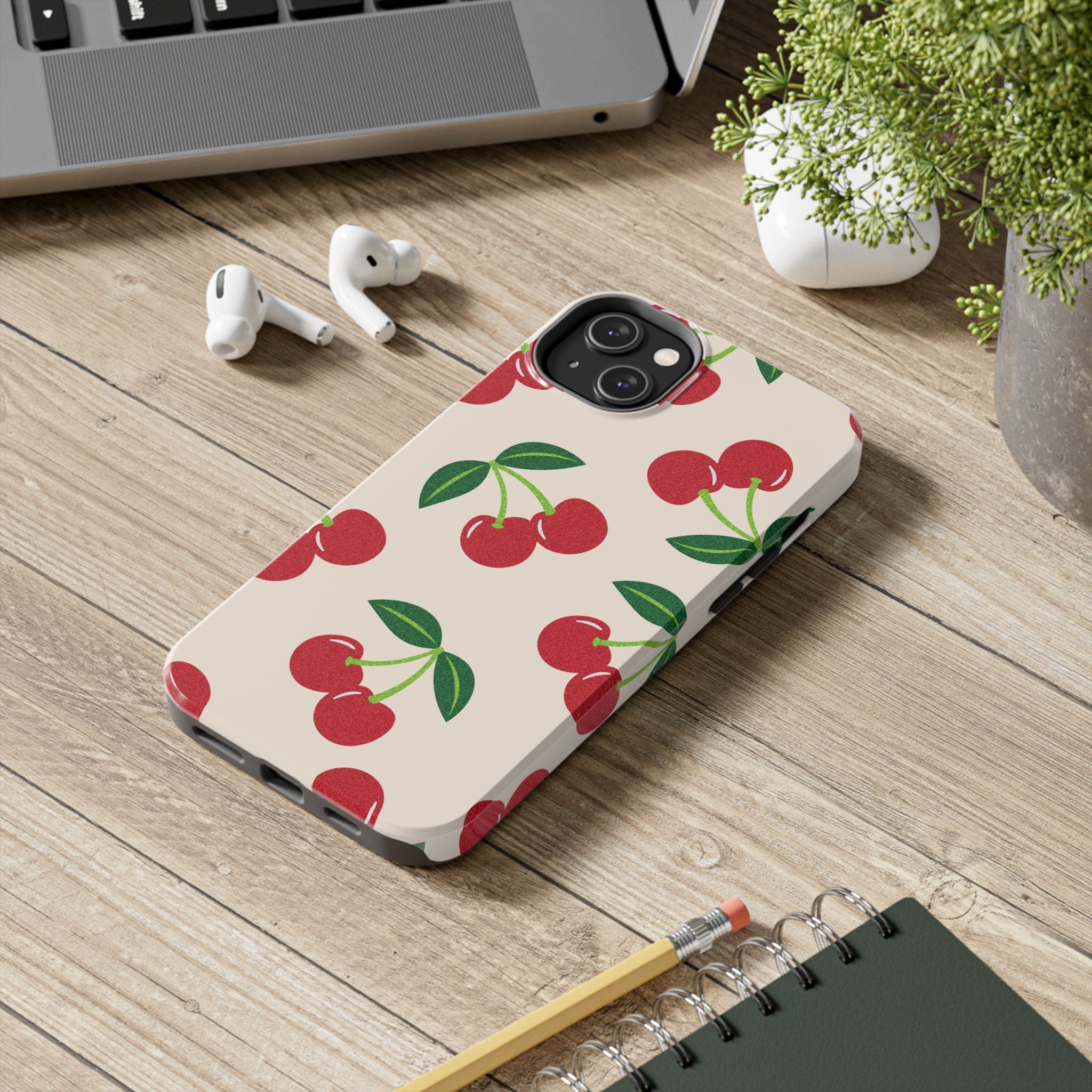 Cherry Pattern Tough Phone Case — Retro Red Cherries on Cream Protective Cover