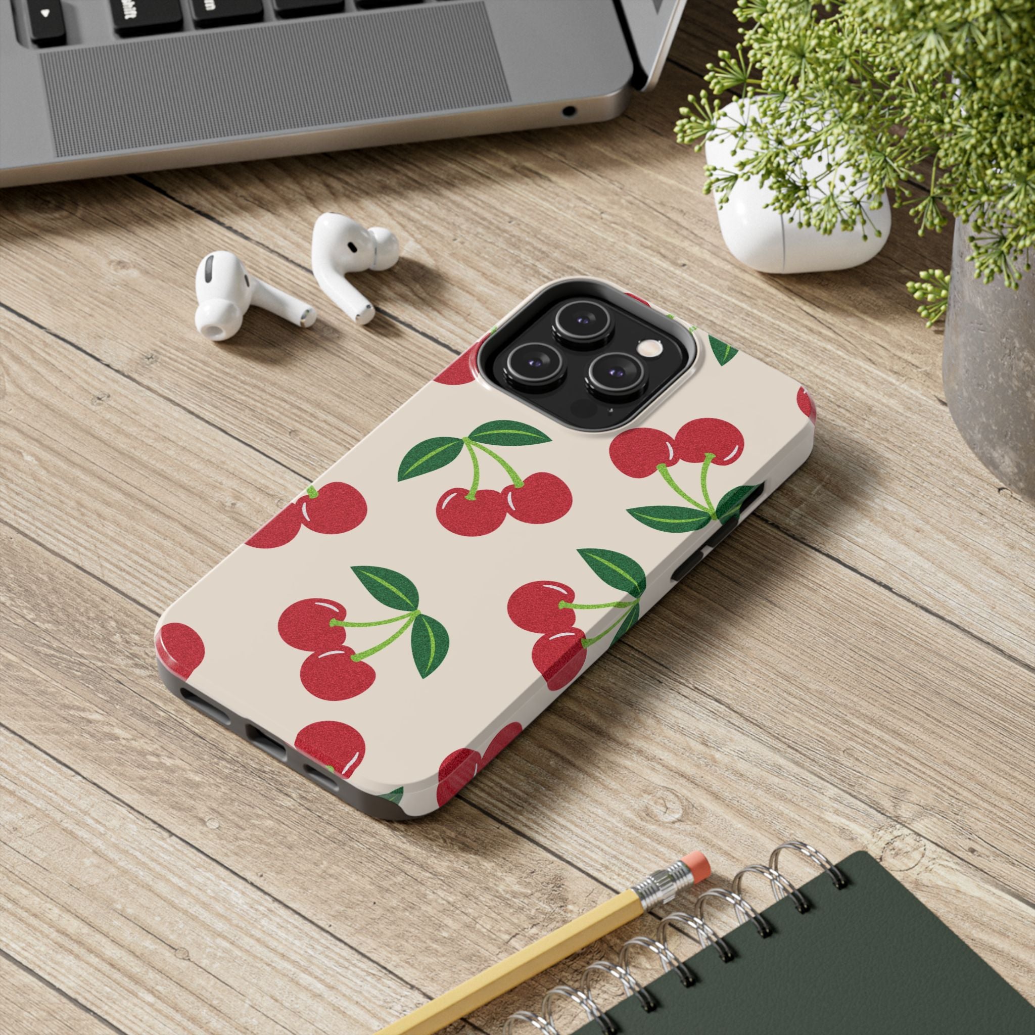Cherry Pattern Tough Phone Case — Retro Red Cherries on Cream Protective Cover