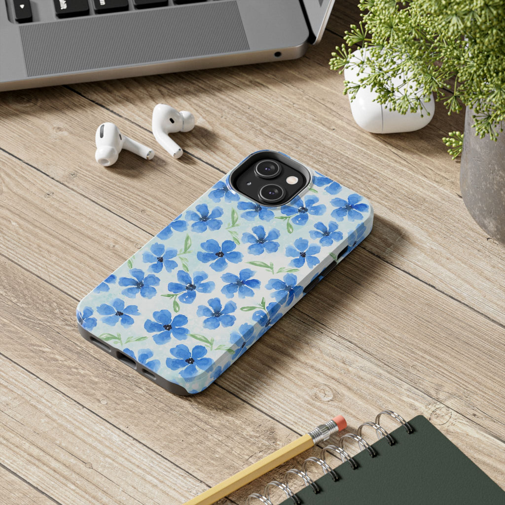 Blue Watercolor Floral Tough Phone Case — Durable Floral Phone Cover