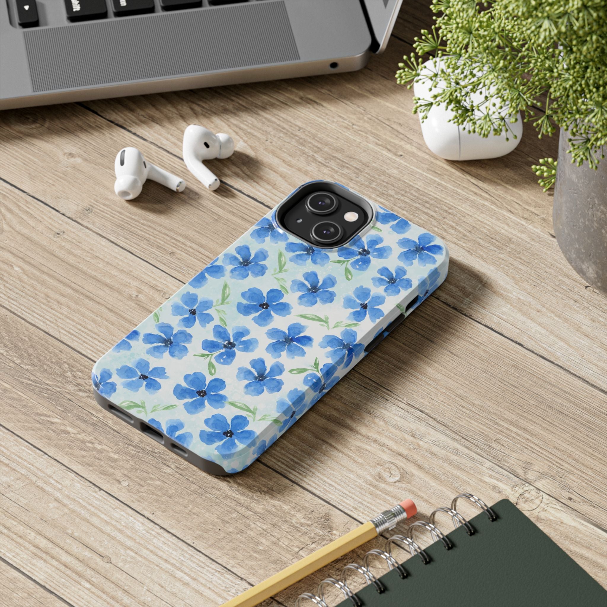 Blue Watercolor Floral Tough Phone Case — Durable Floral Phone Cover