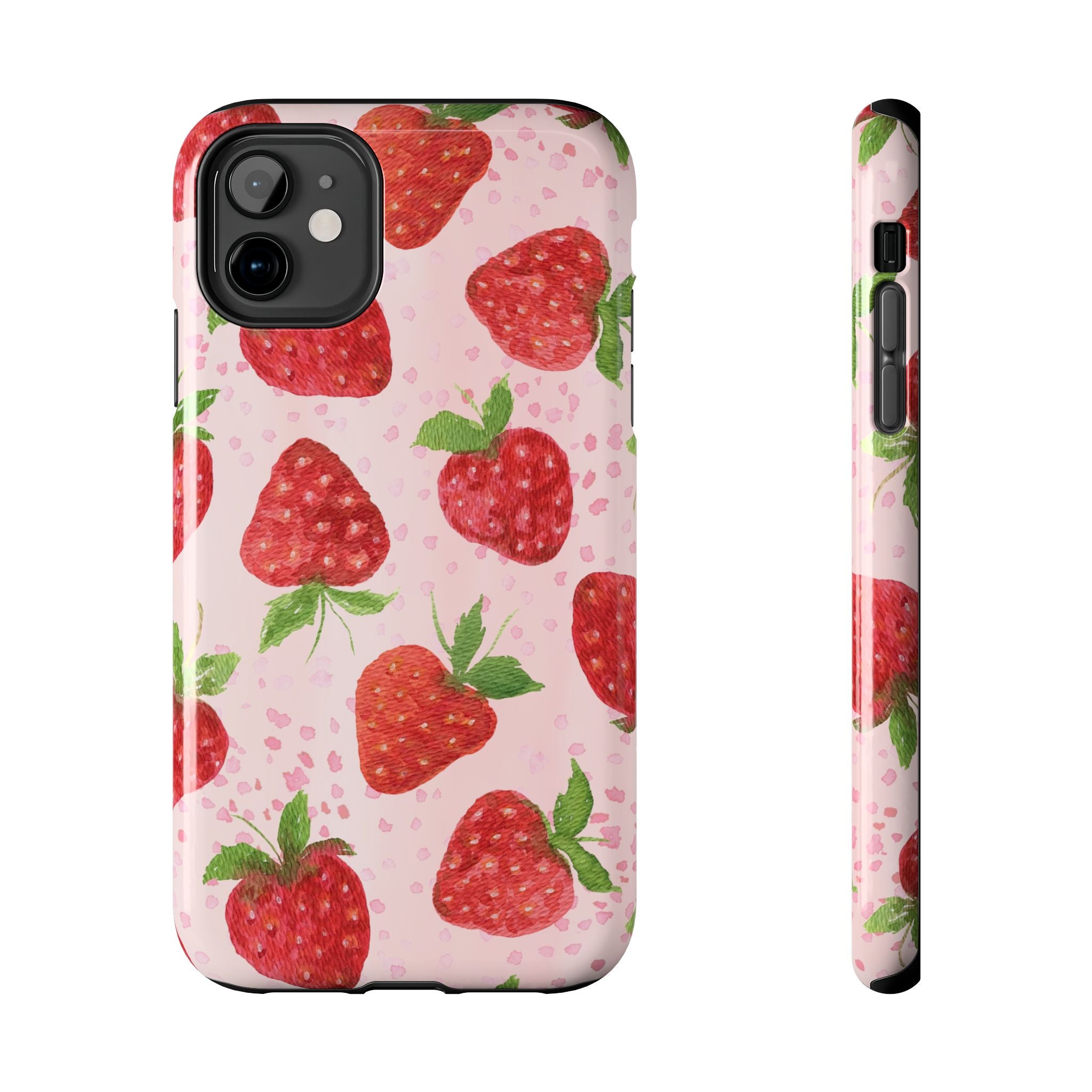 Strawberry Pattern Tough Phone Case — Pink Cute Fruit Protective Cover
