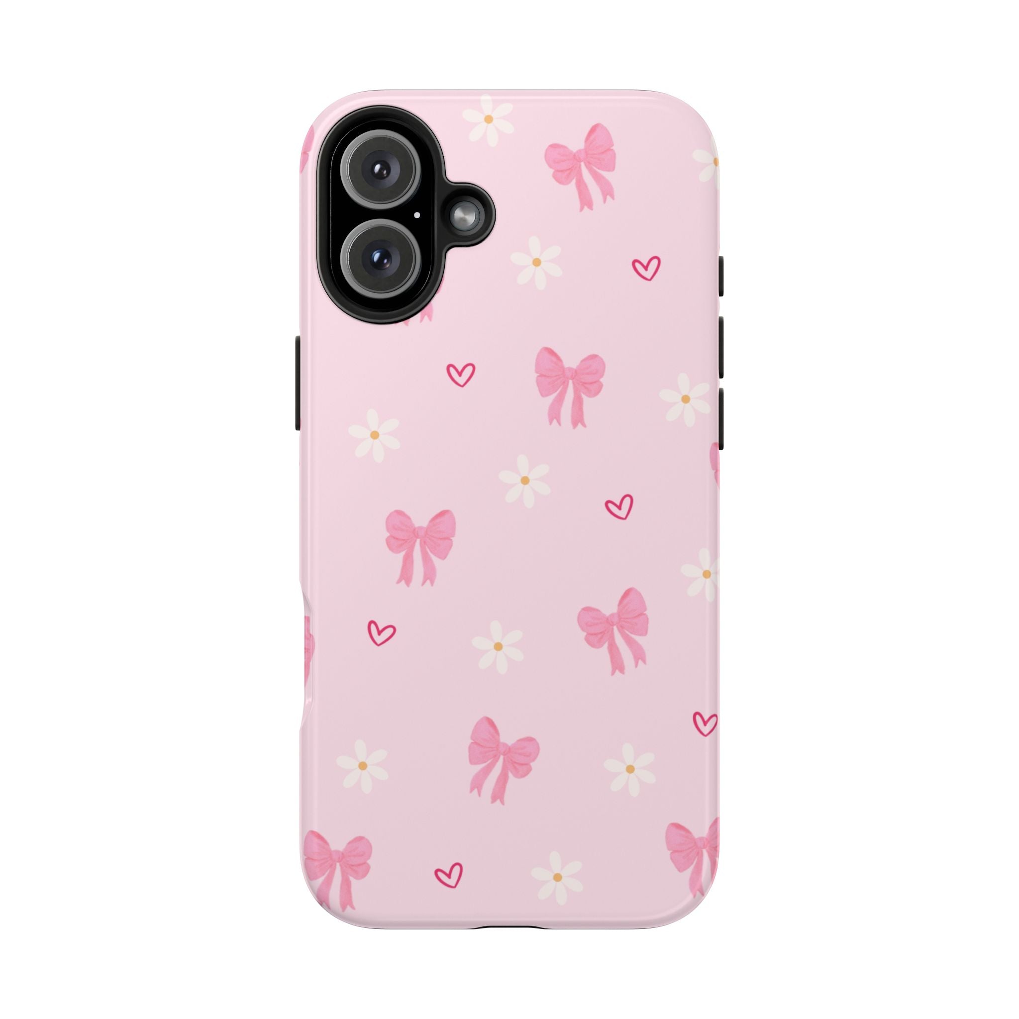 Pink Bow & Daisy Tough Phone Case — Cute Floral Heart Pattern Protective Phone Cover