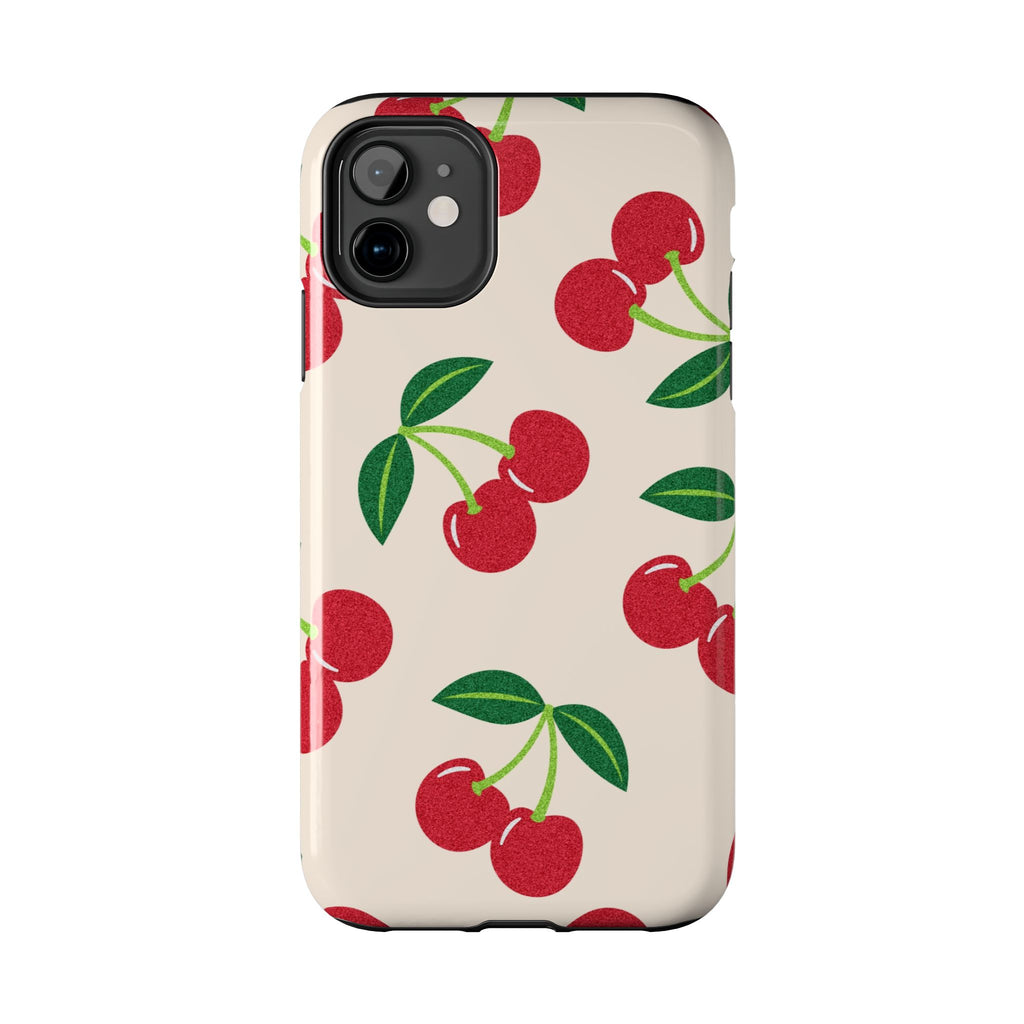 Cherry Pattern Tough Phone Case — Retro Red Cherries on Cream Protective Cover