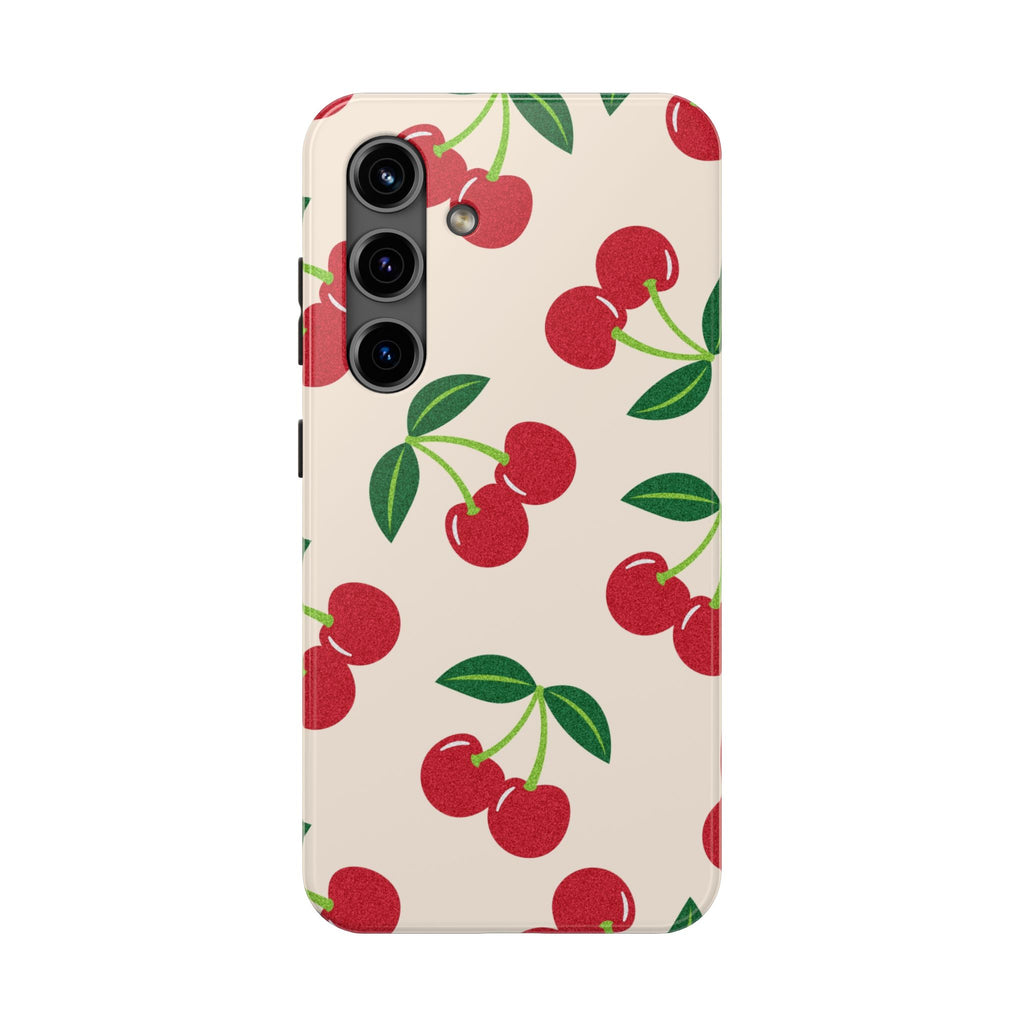 Cherry Pattern Tough Phone Case — Retro Red Cherries on Cream Protective Cover