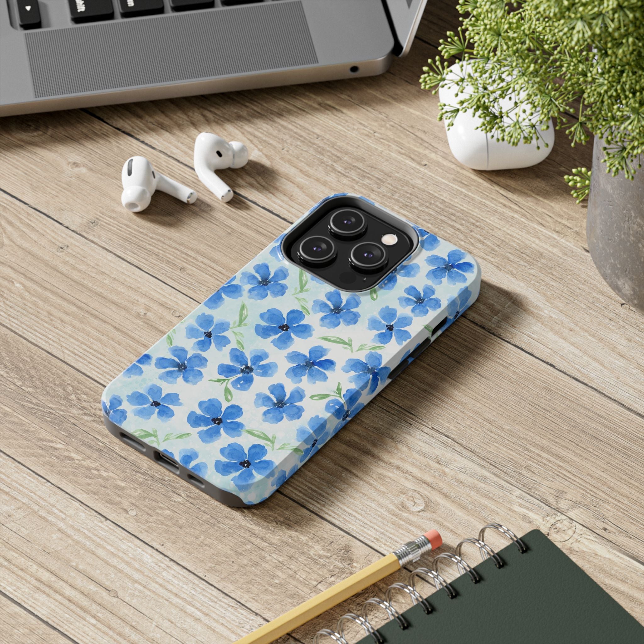Blue Watercolor Floral Tough Phone Case — Durable Floral Phone Cover
