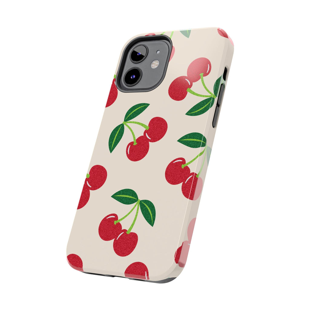 Cherry Pattern Tough Phone Case — Retro Red Cherries on Cream Protective Cover