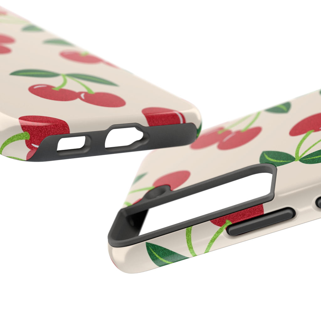 Cherry Pattern Tough Phone Case — Retro Red Cherries on Cream Protective Cover