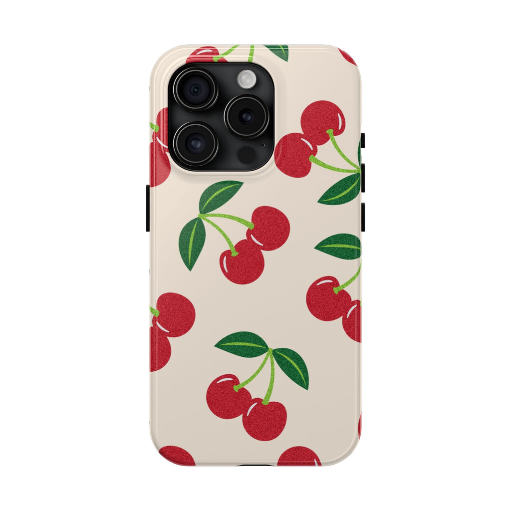 Cherry Pattern Tough Phone Case — Retro Red Cherries on Cream Protective Cover