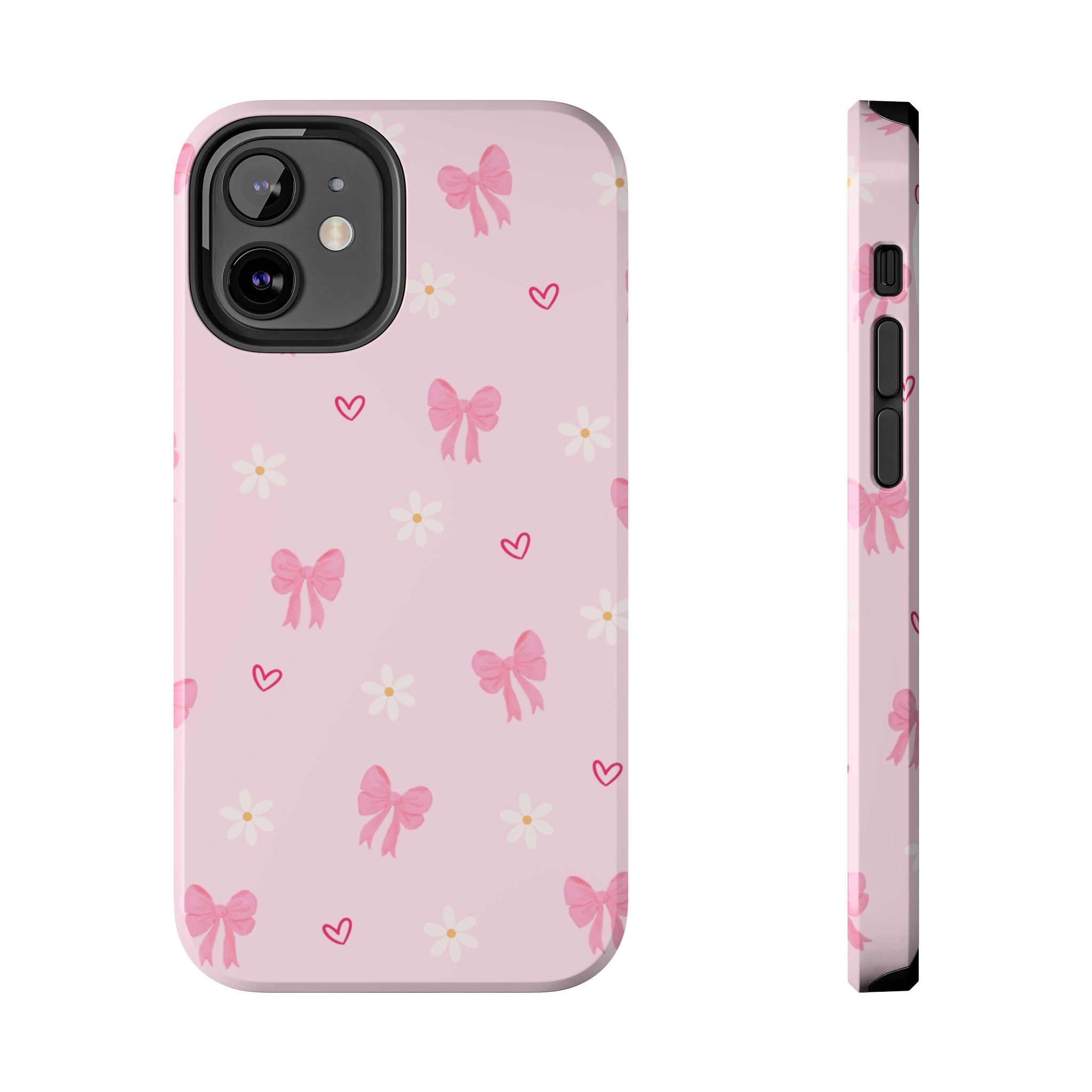 Pink Bow & Daisy Tough Phone Case — Cute Floral Heart Pattern Protective Phone Cover