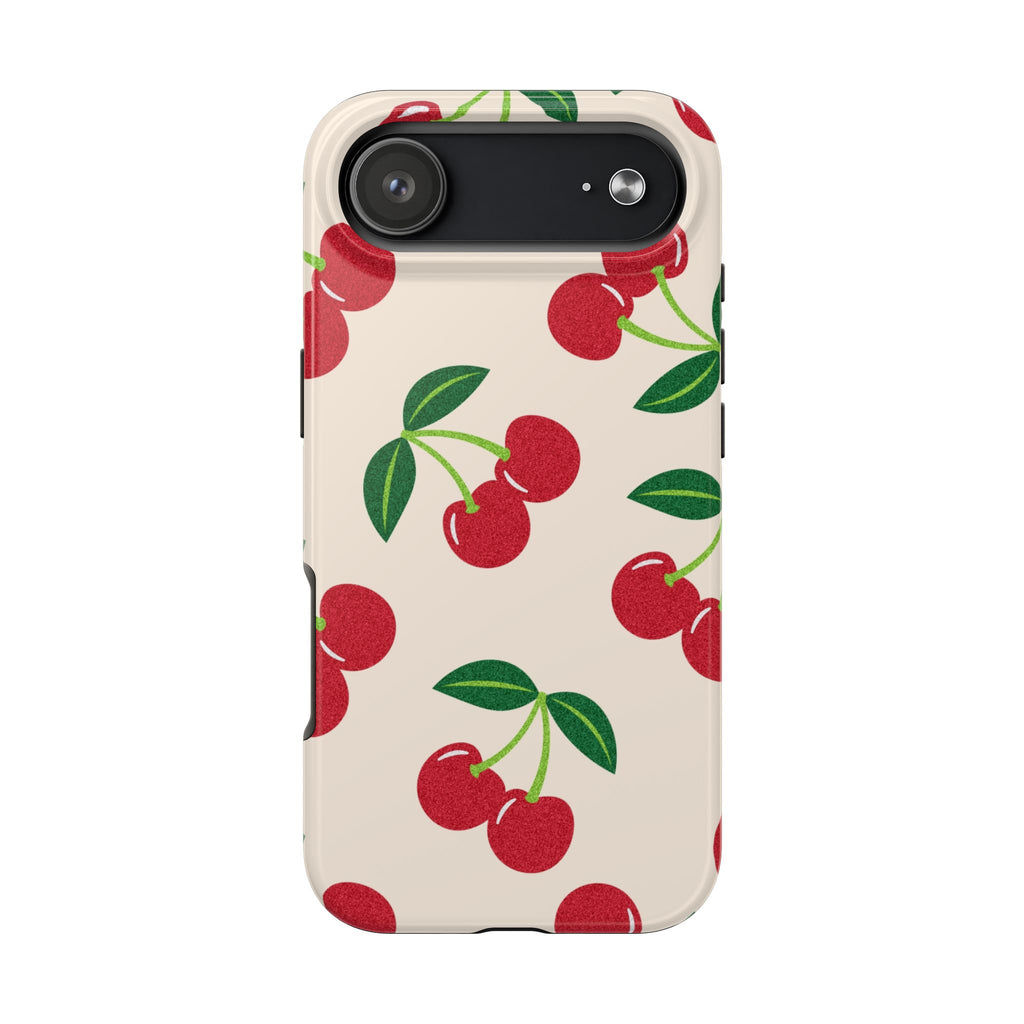 Cherry Pattern Tough Phone Case — Retro Red Cherries on Cream Protective Cover