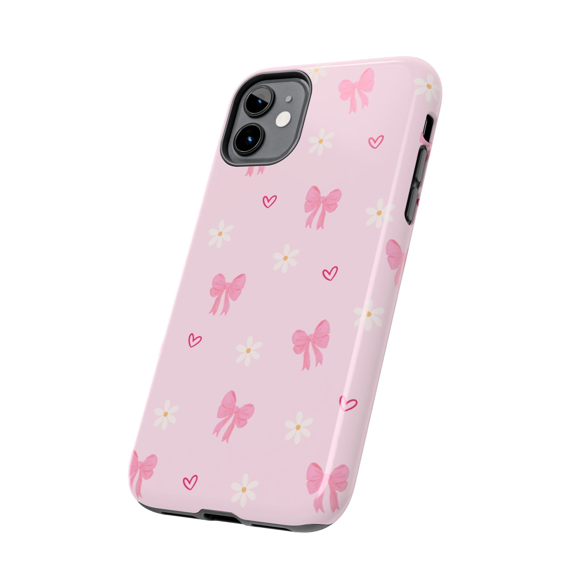 Pink Bow & Daisy Tough Phone Case — Cute Floral Heart Pattern Protective Phone Cover