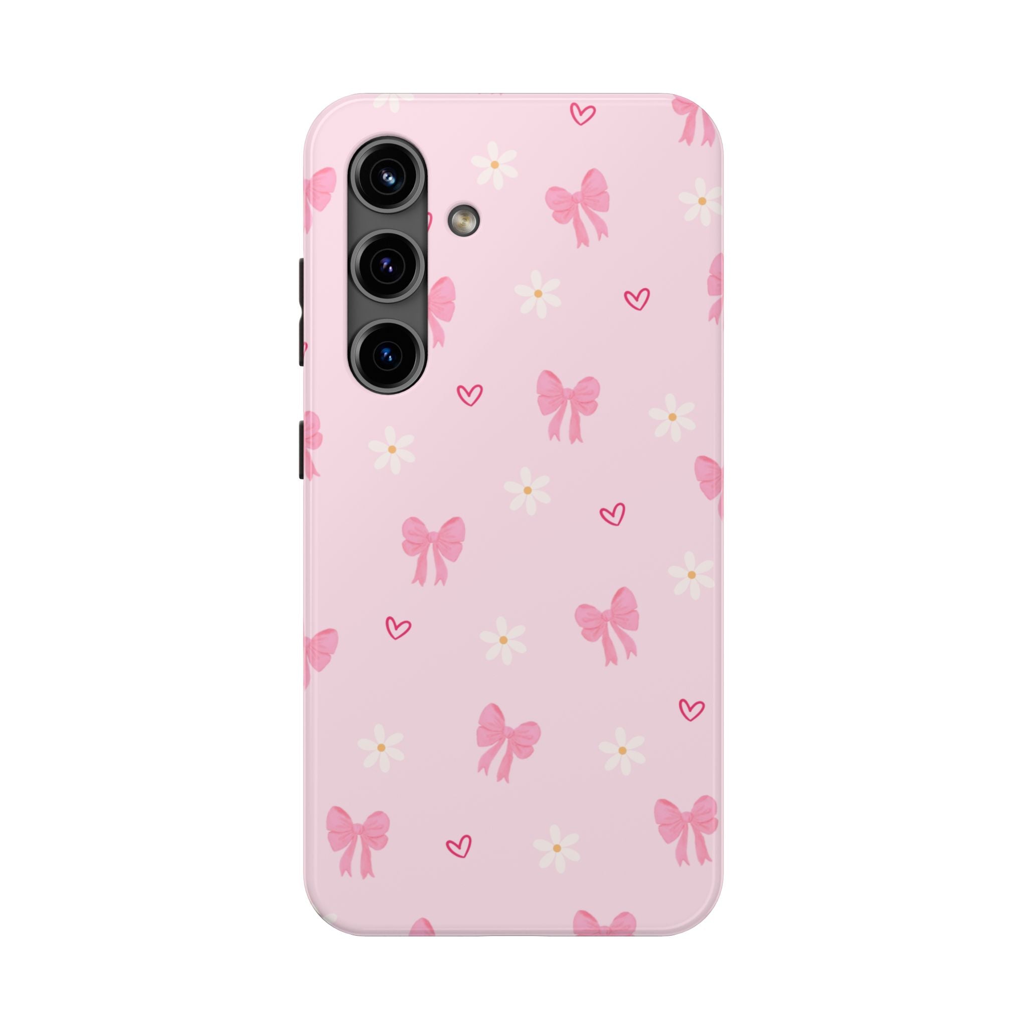 Pink Bow & Daisy Tough Phone Case — Cute Floral Heart Pattern Protective Phone Cover