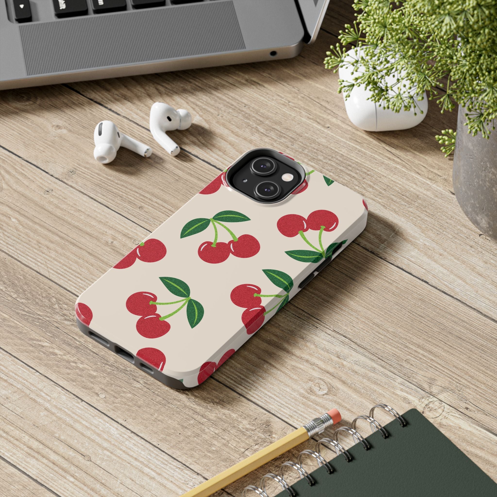 Cherry Pattern Tough Phone Case — Retro Red Cherries on Cream Protective Cover