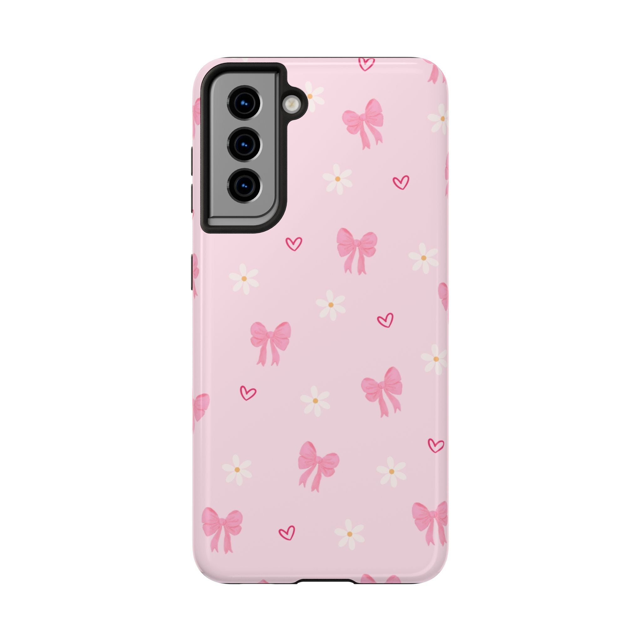 Pink Bow & Daisy Tough Phone Case — Cute Floral Heart Pattern Protective Phone Cover