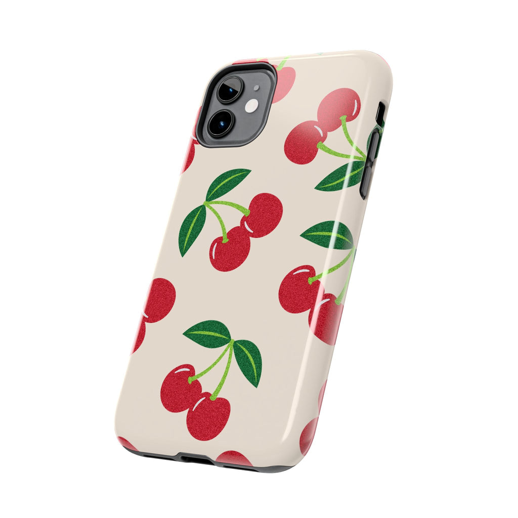Cherry Pattern Tough Phone Case — Retro Red Cherries on Cream Protective Cover