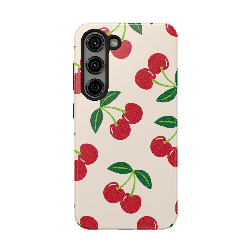 Cherry Pattern Tough Phone Case — Retro Red Cherries on Cream Protective Cover