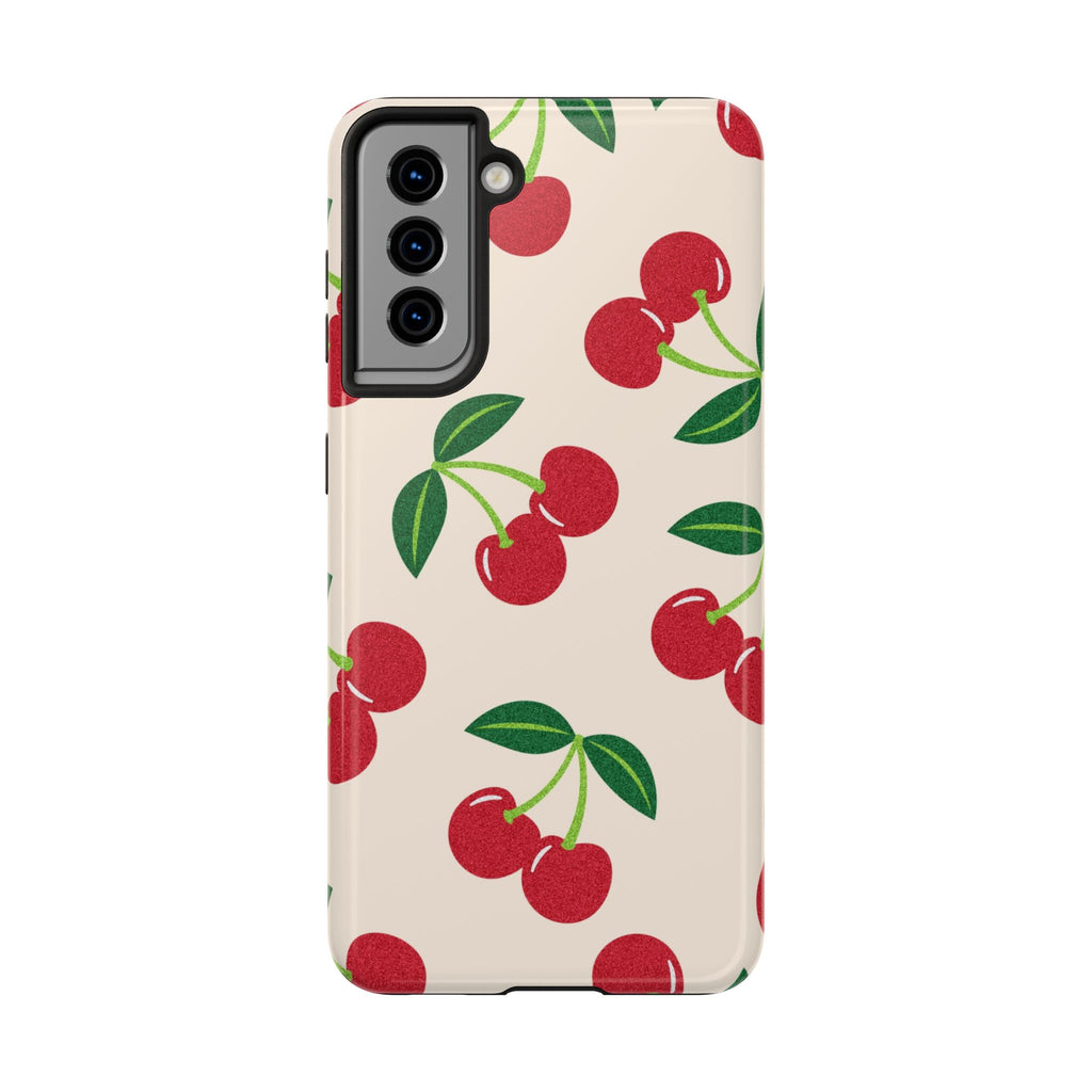 Cherry Pattern Tough Phone Case — Retro Red Cherries on Cream Protective Cover