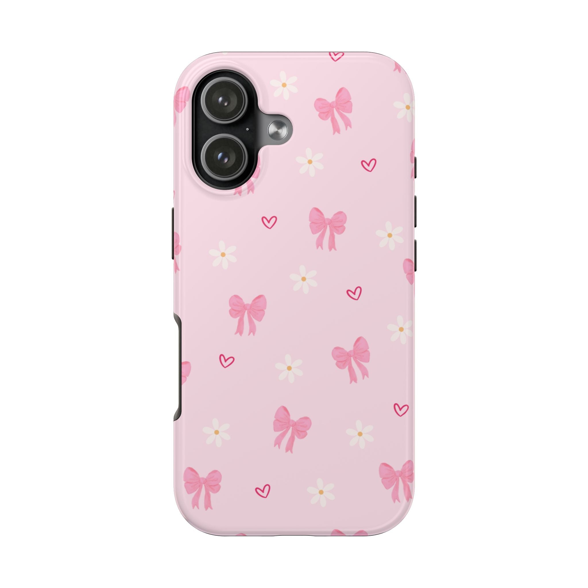 Pink Bow & Daisy Tough Phone Case — Cute Floral Heart Pattern Protective Phone Cover