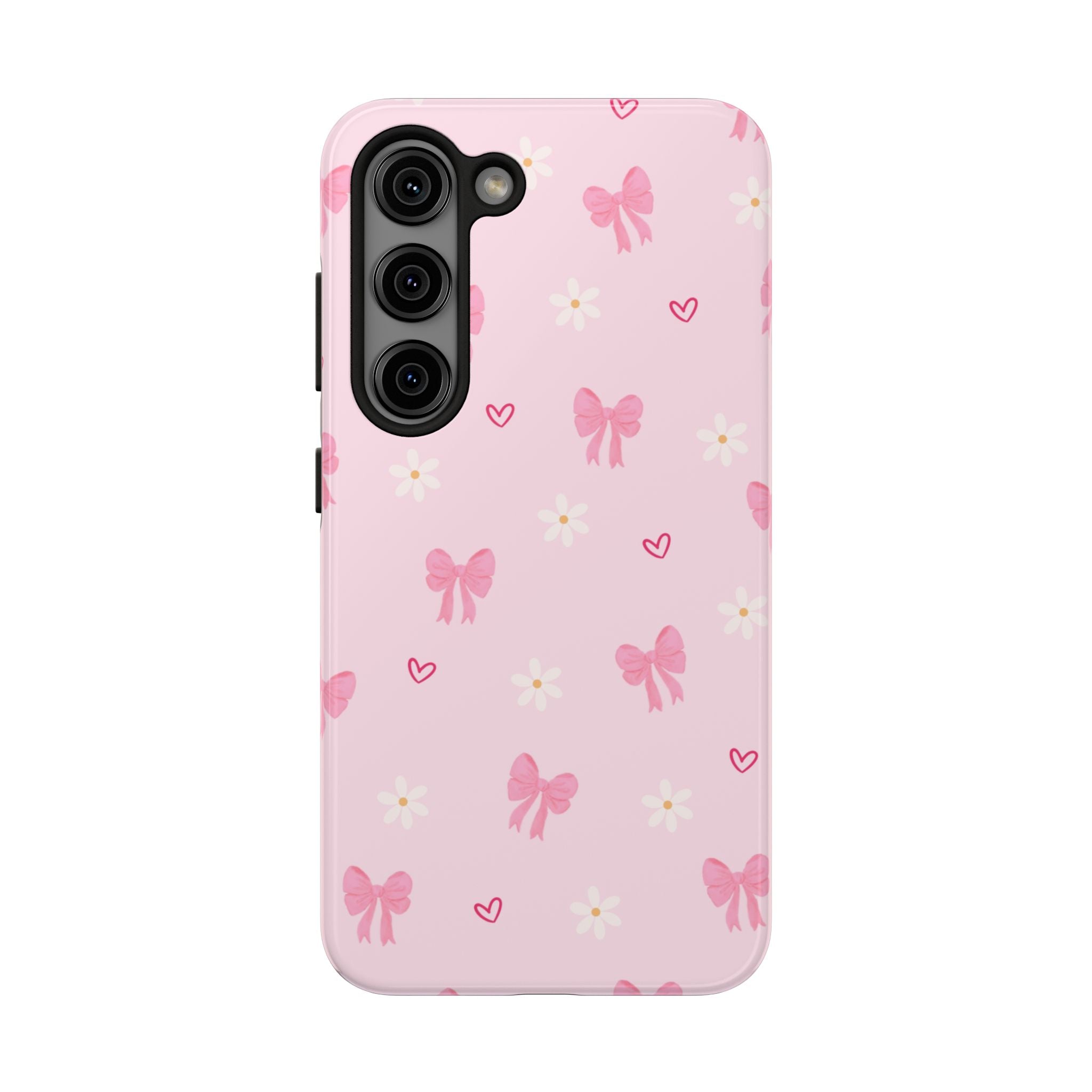 Pink Bow & Daisy Tough Phone Case — Cute Floral Heart Pattern Protective Phone Cover