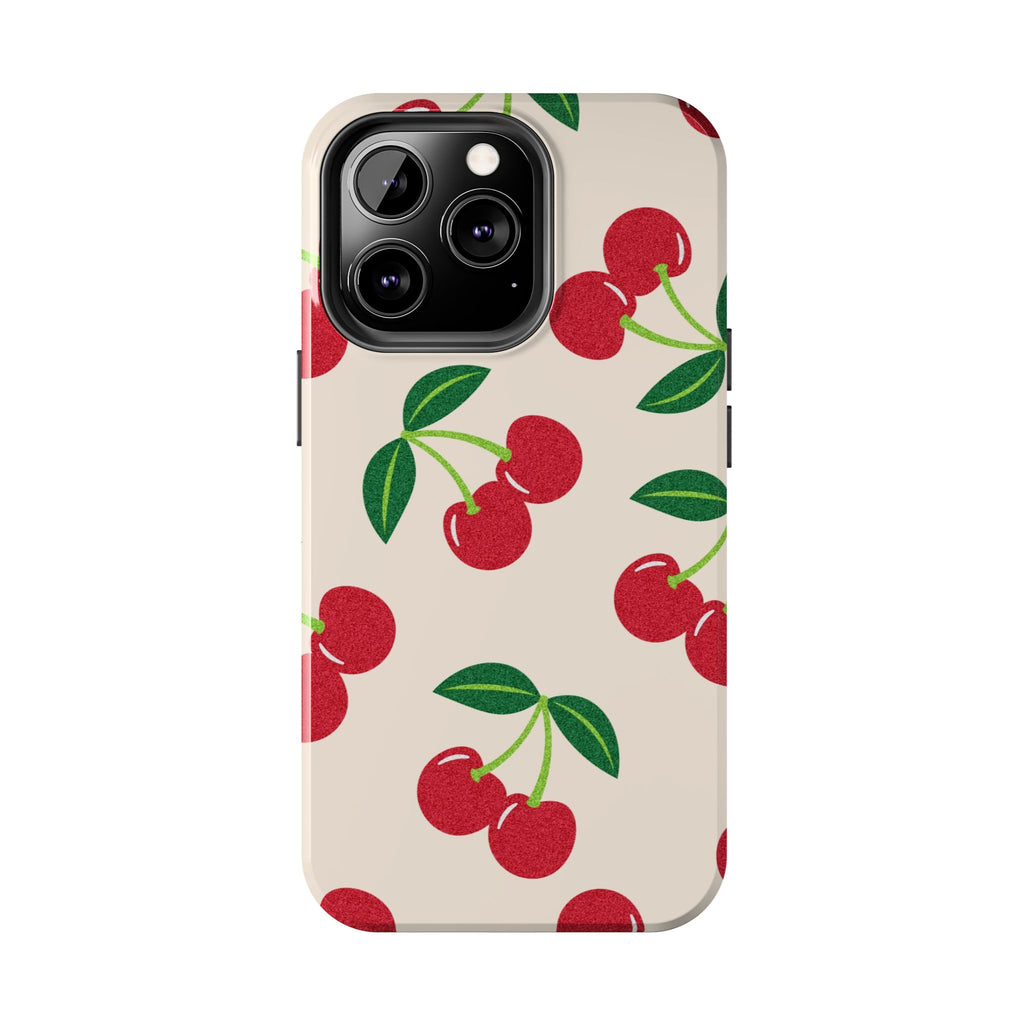 Cherry Pattern Tough Phone Case — Retro Red Cherries on Cream Protective Cover