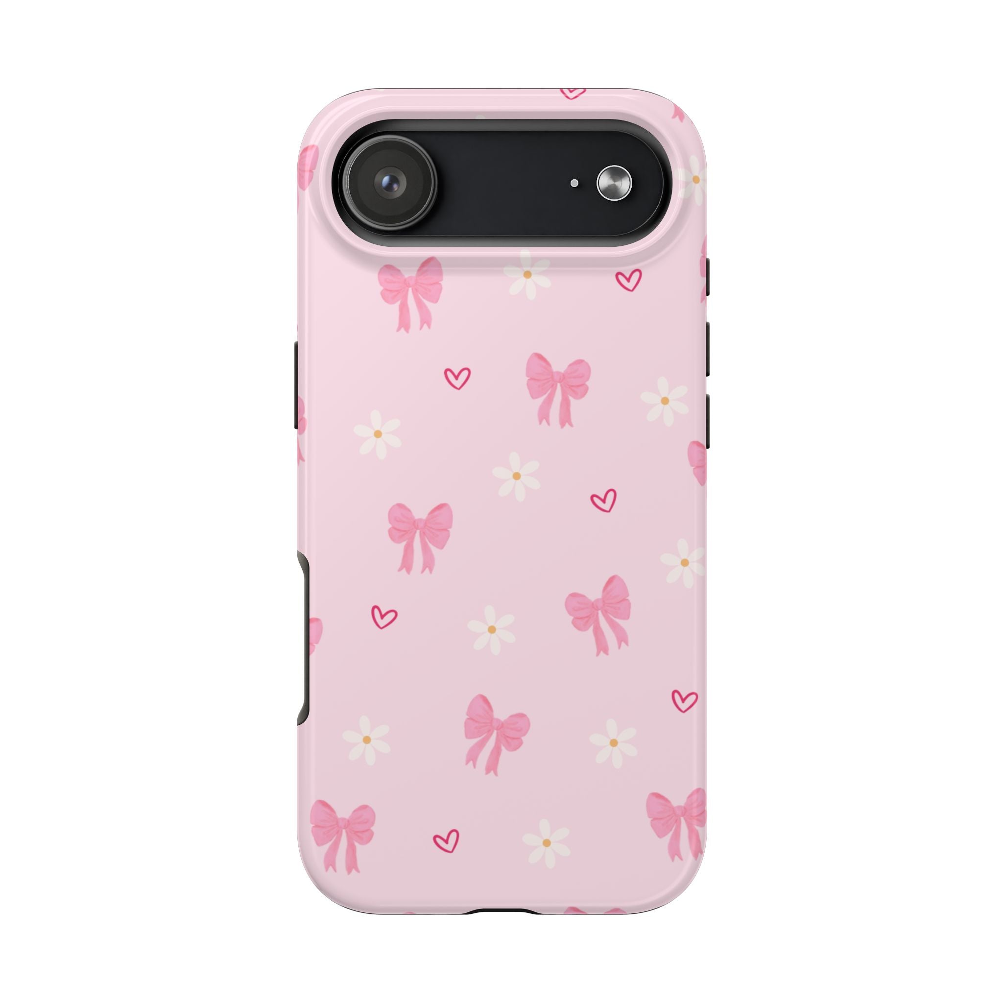 Pink Bow & Daisy Tough Phone Case — Cute Floral Heart Pattern Protective Phone Cover
