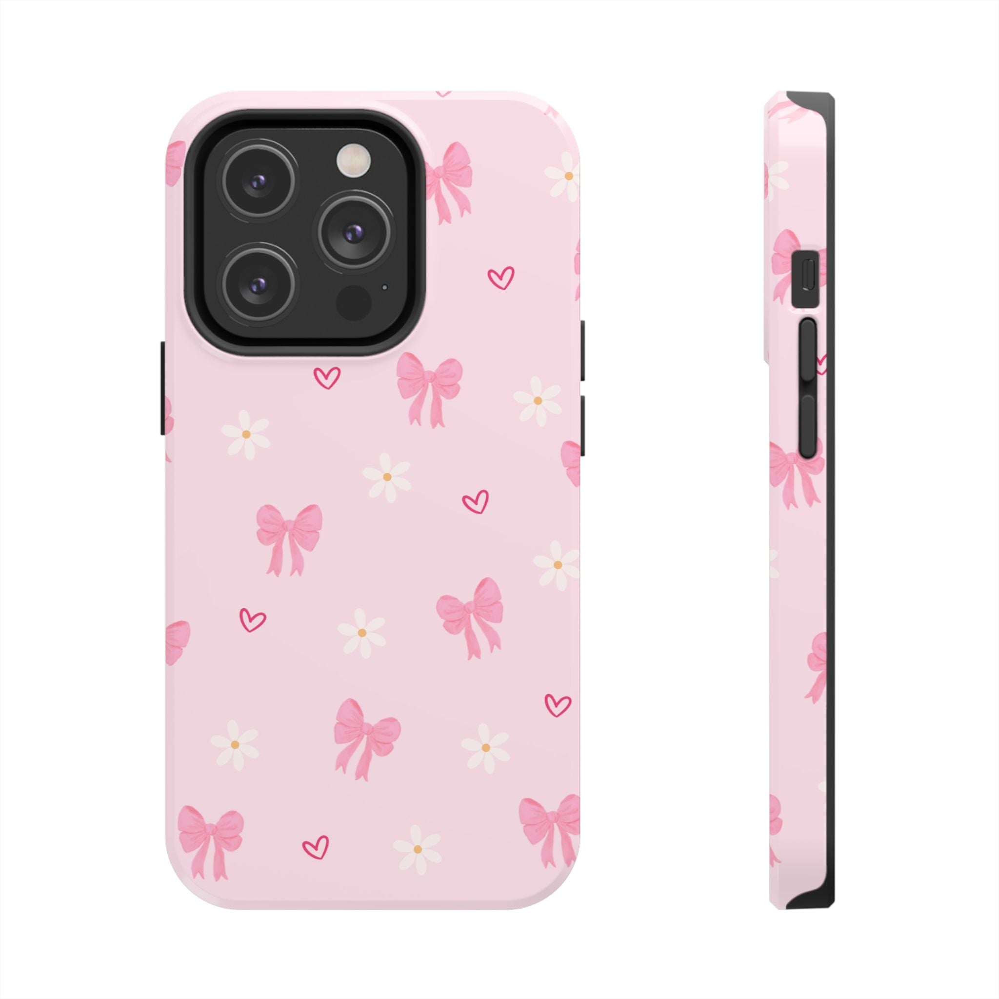 Pink Bow & Daisy Tough Phone Case — Cute Floral Heart Pattern Protective Phone Cover