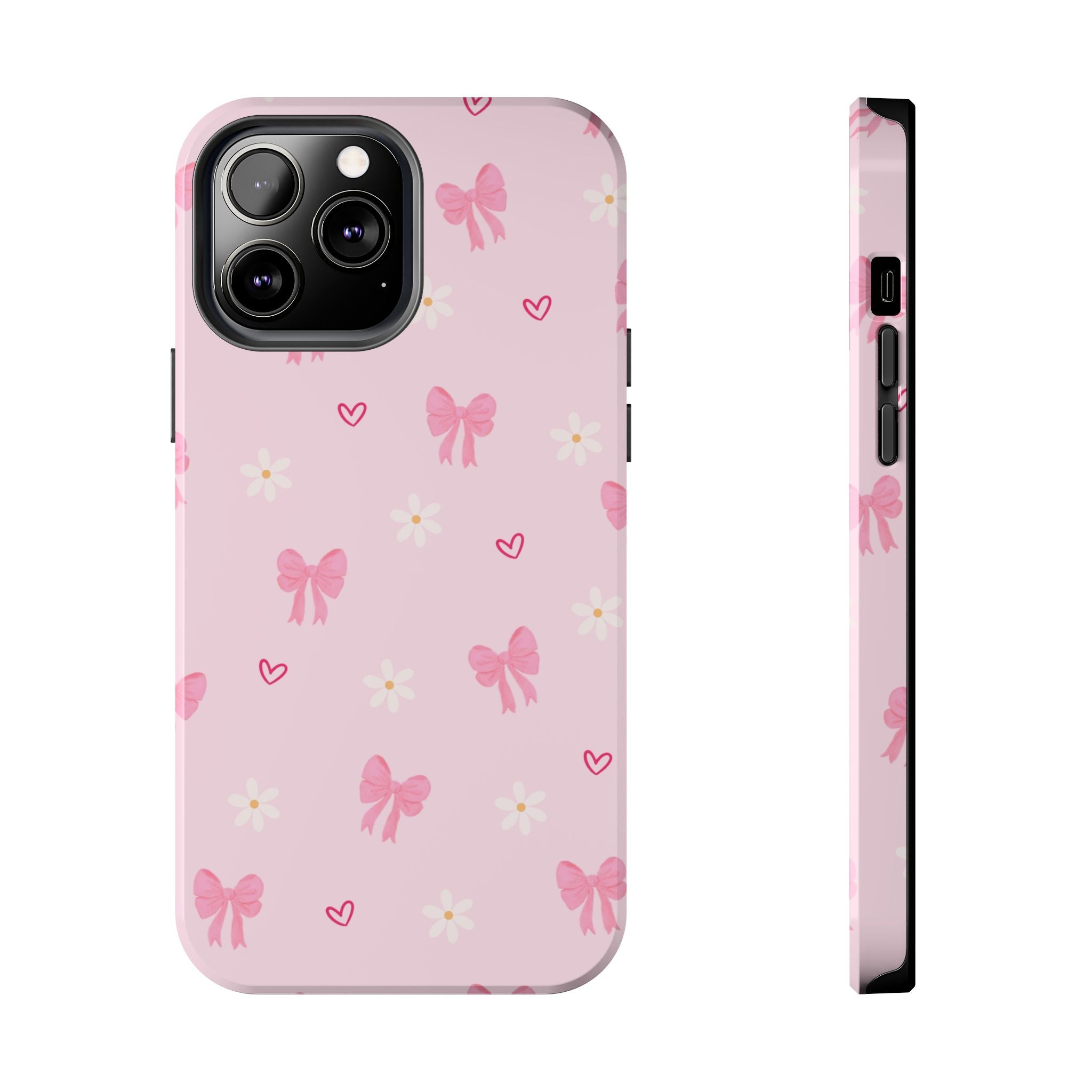 Pink Bow & Daisy Tough Phone Case — Cute Floral Heart Pattern Protective Phone Cover