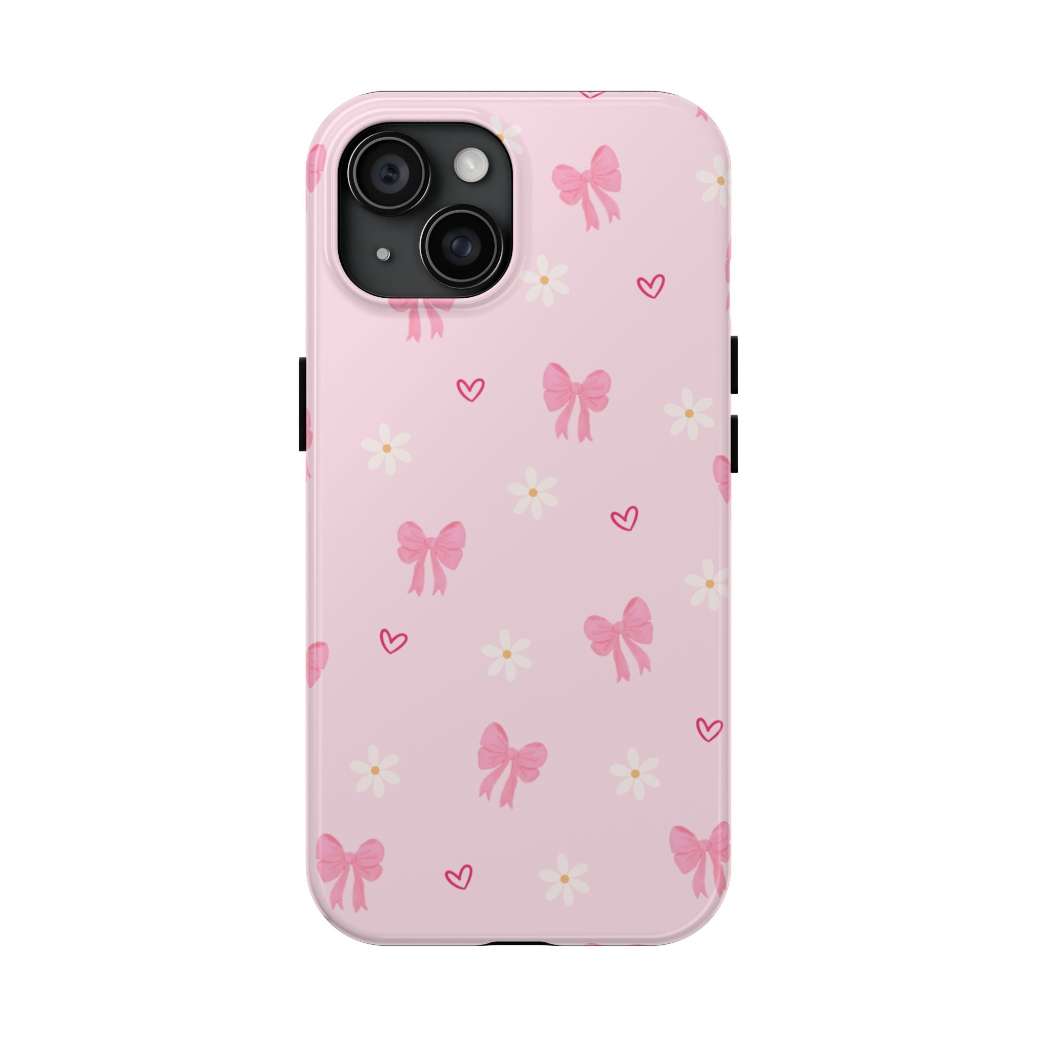 Pink Bow & Daisy Tough Phone Case — Cute Floral Heart Pattern Protective Phone Cover