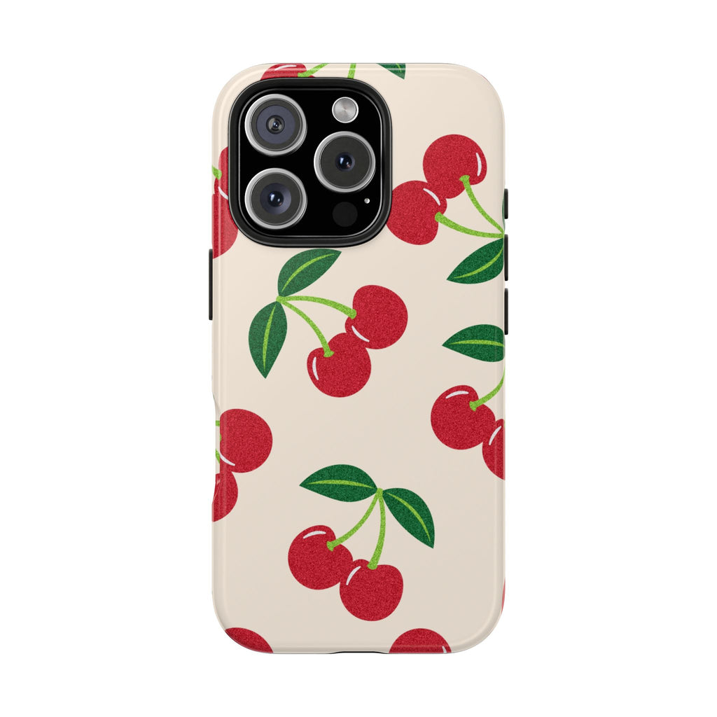 Cherry Pattern Tough Phone Case — Retro Red Cherries on Cream Protective Cover