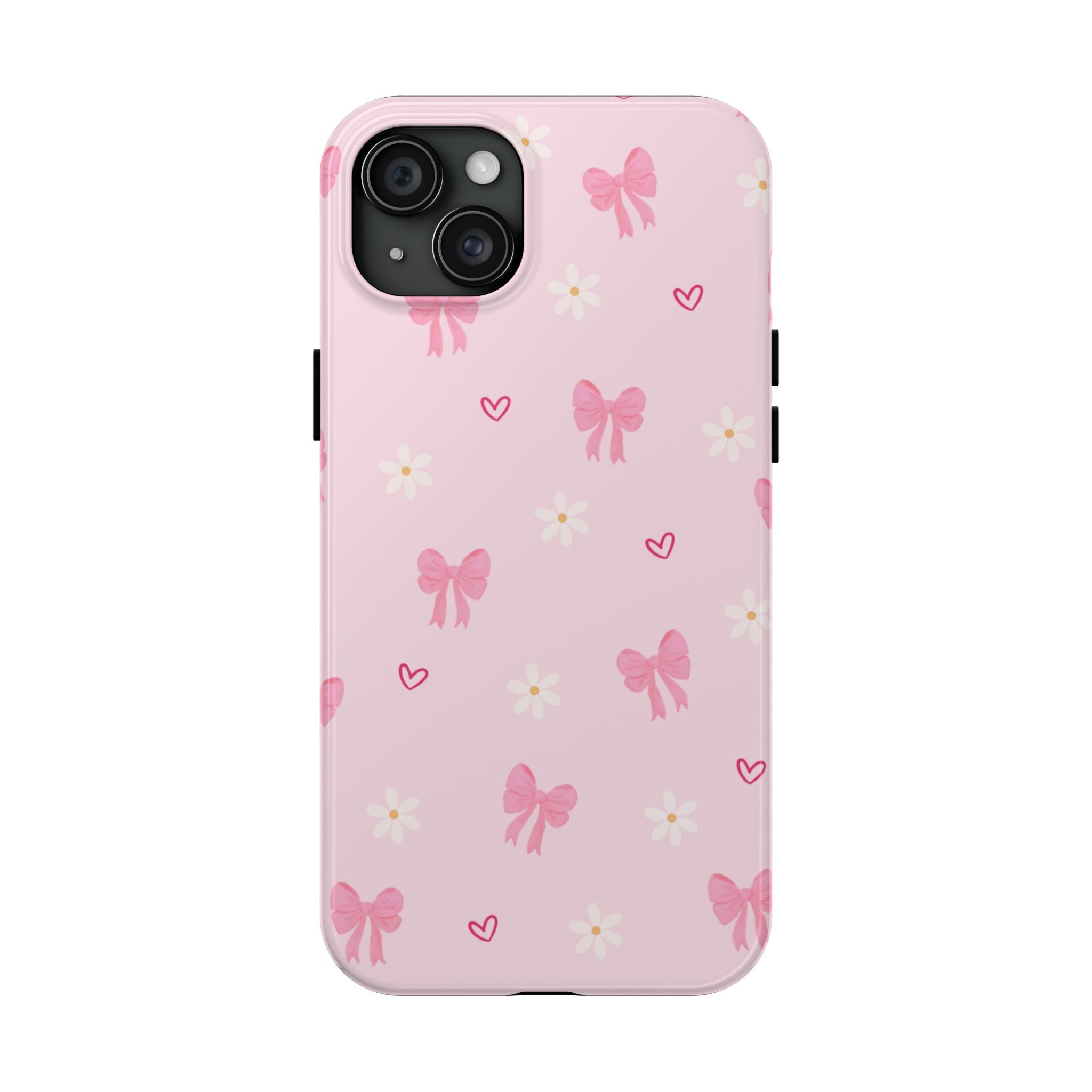 Pink Bow & Daisy Tough Phone Case — Cute Floral Heart Pattern Protective Phone Cover