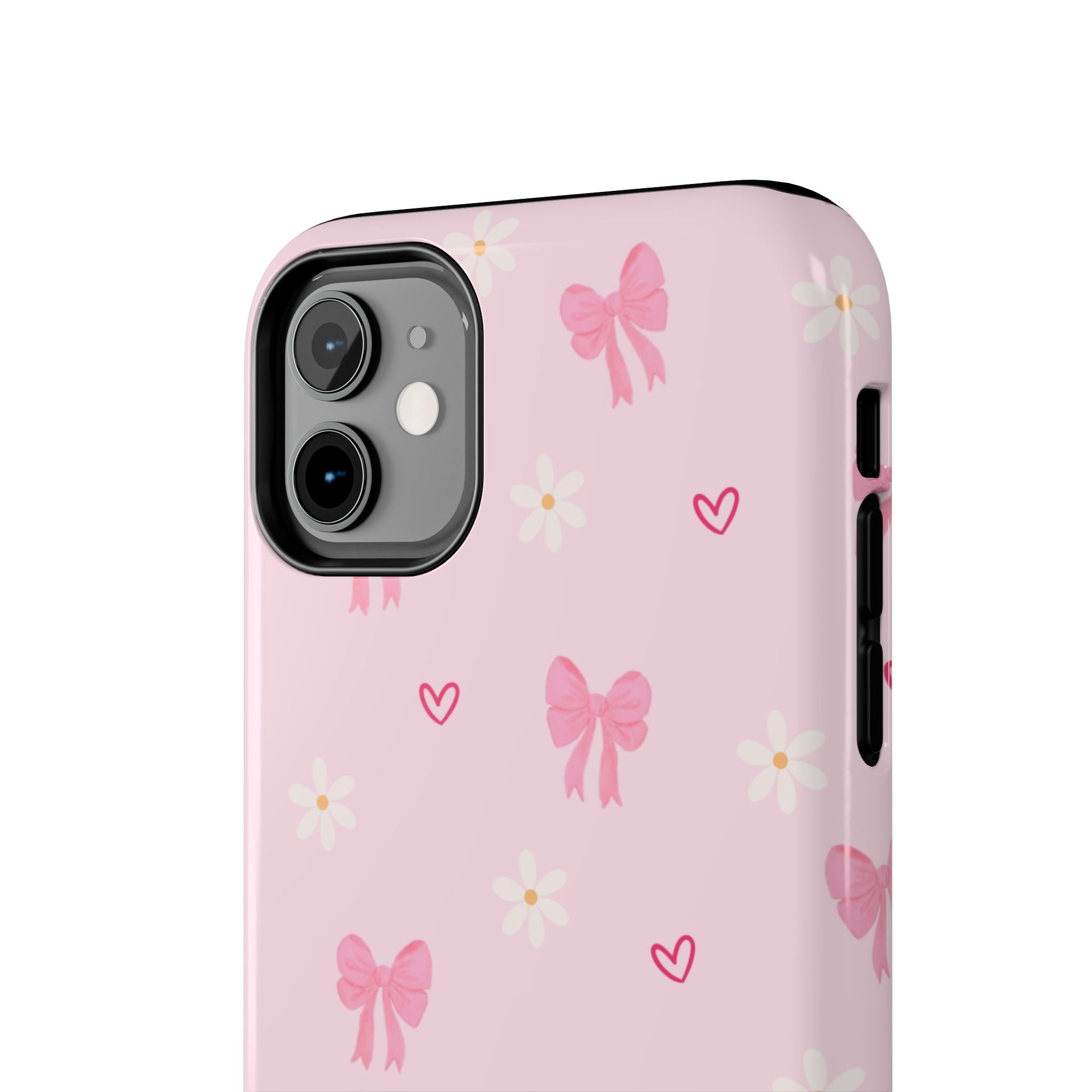 Pink Bow & Daisy Tough Phone Case — Cute Floral Heart Pattern Protective Phone Cover